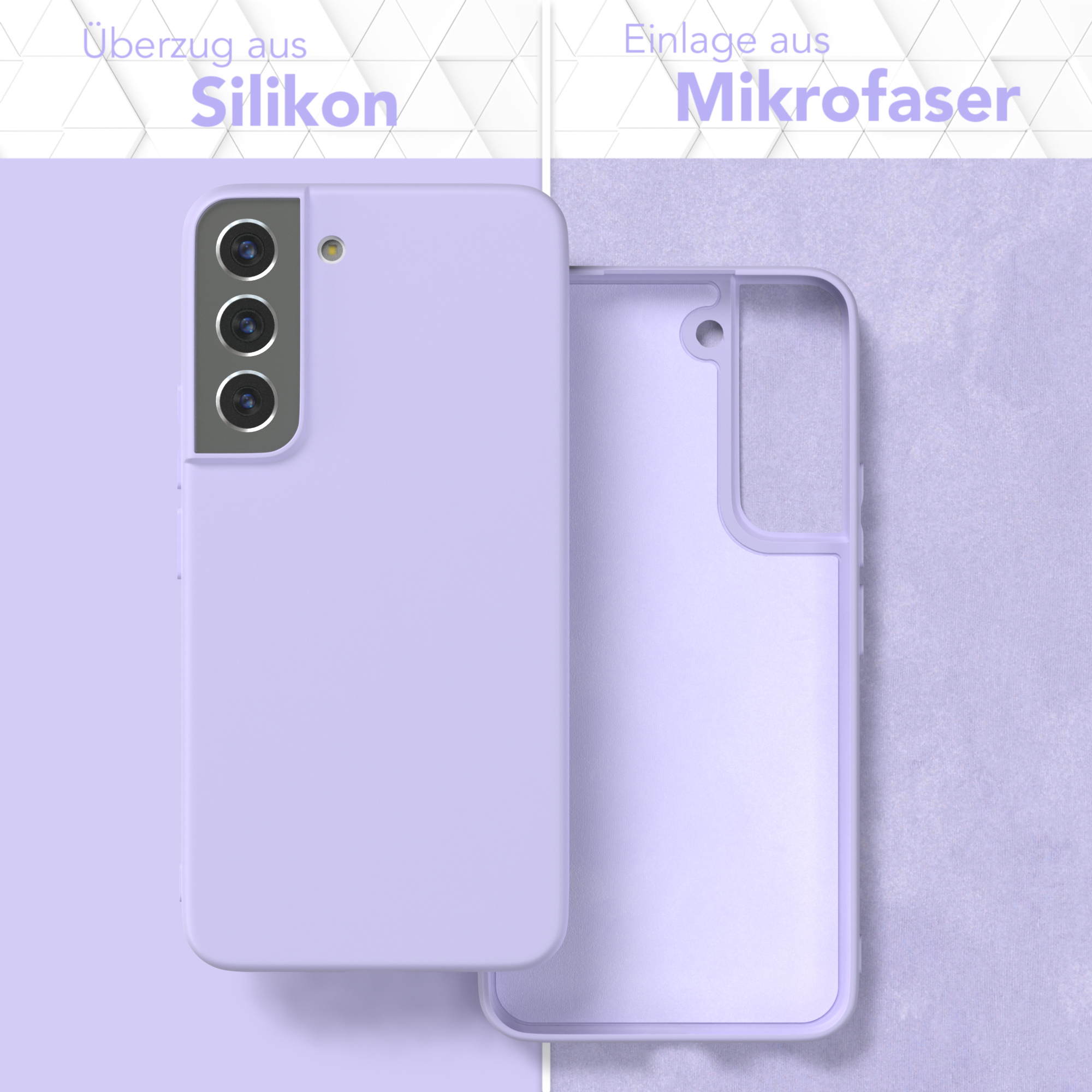 Lilafarbene Handyhüllen, Silikonhülle und Mikrofaser innen. Text: Silikon, Mikrofaser.