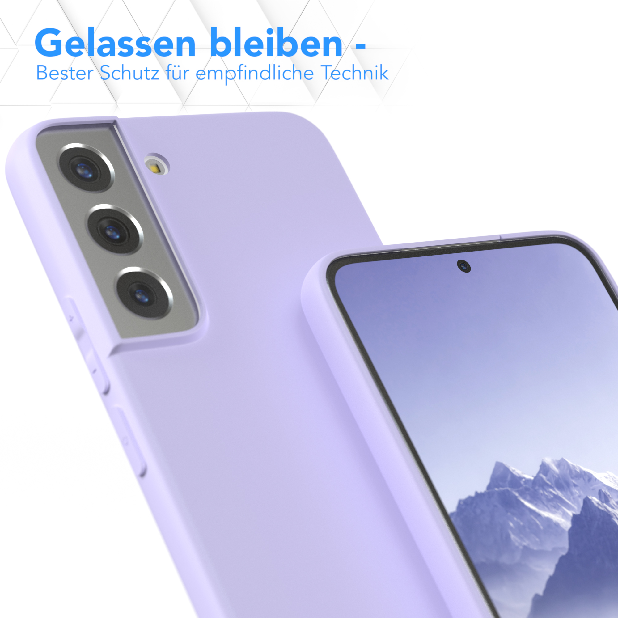 Eine lila Handyhülle, die Kameralinsen und den Rand eines Telefonbildschirms mit Bergen im Hintergrund zeigt.