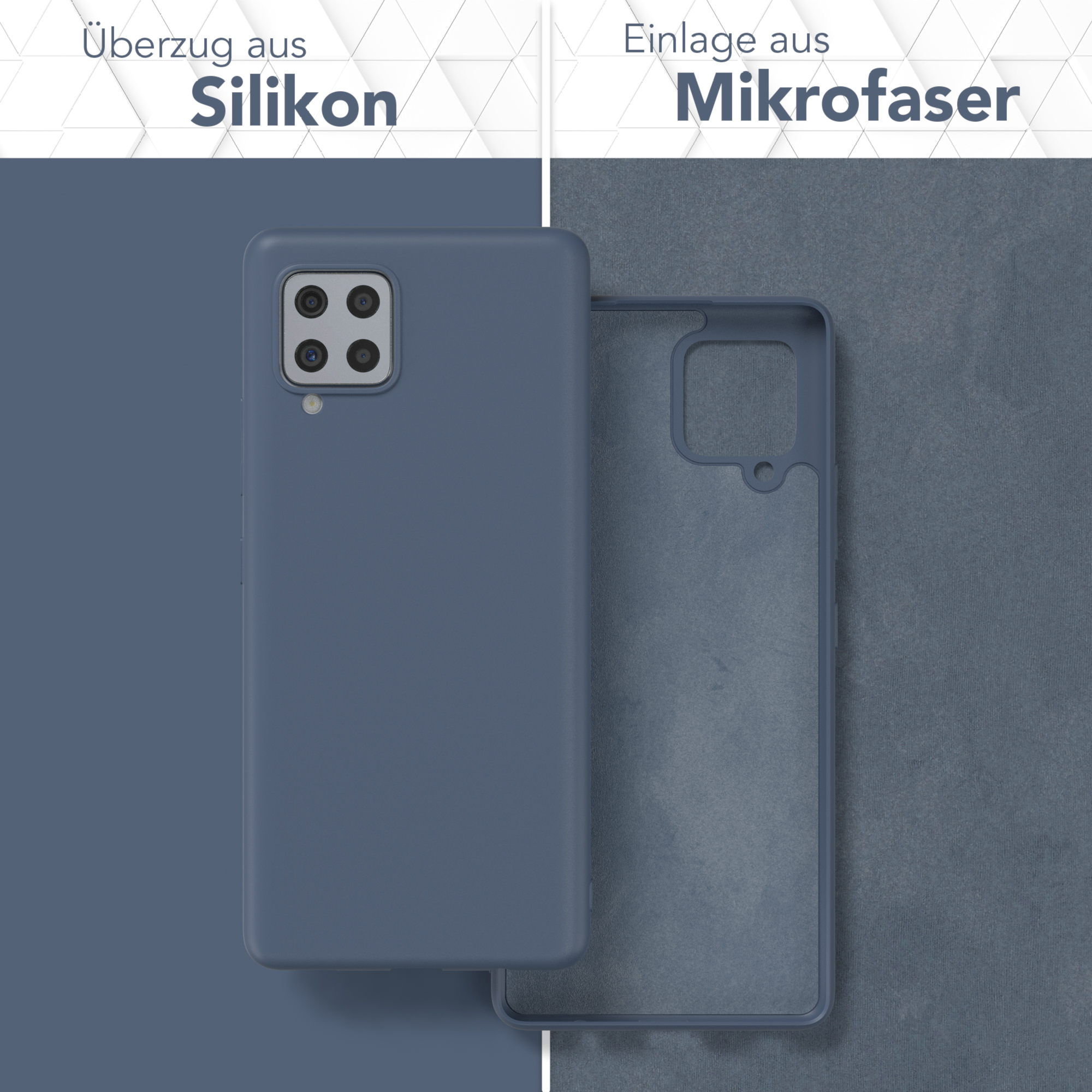 Telefonhülle mit Abdeckung. Text: Silikonhülle, Mikrofaser-Einsatz. Blaue Farbe. Das Innere der Hülle ist sichtbar.