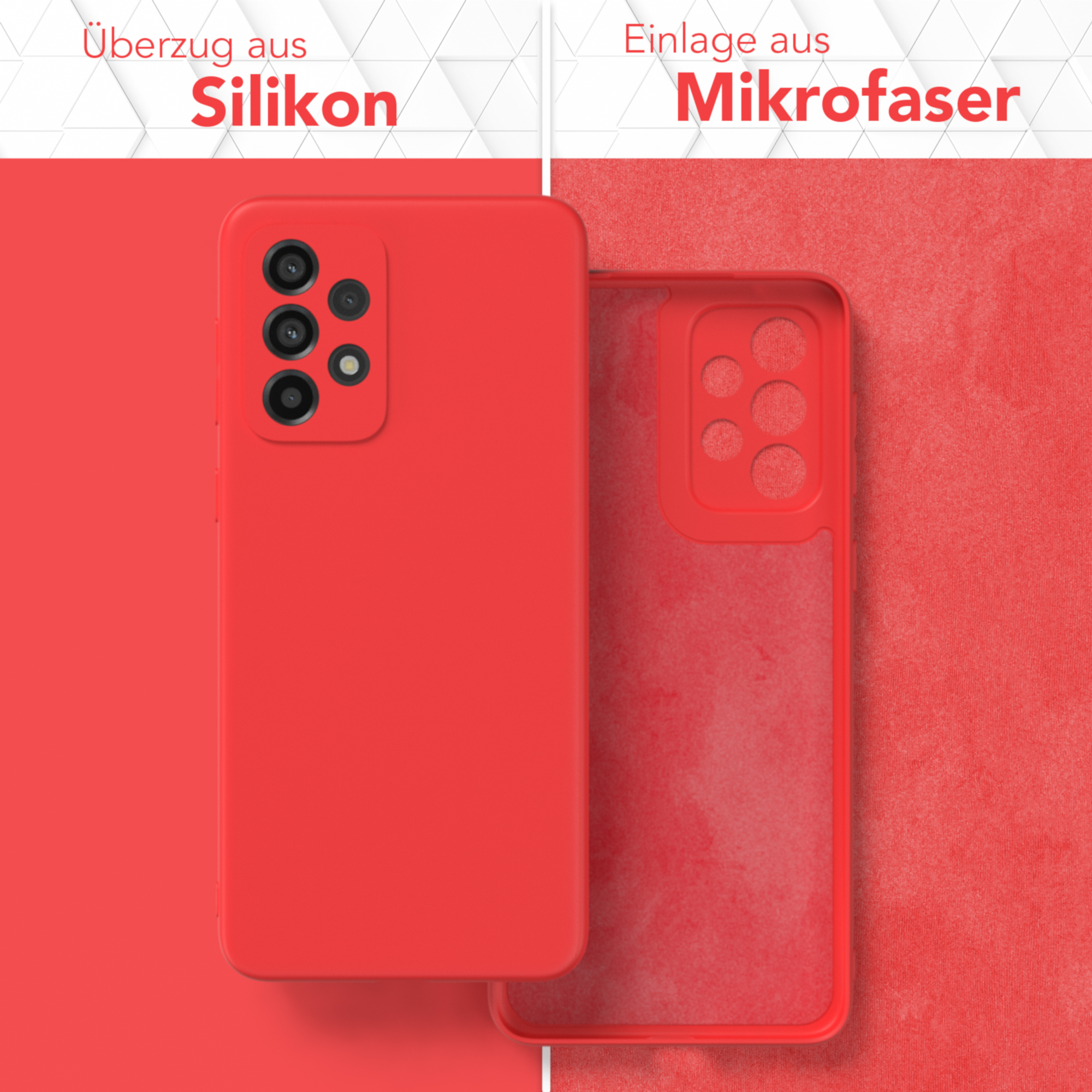 Rote Handyhülle mit Telefon und Mikrofaserfutter, auf rotem Hintergrund.