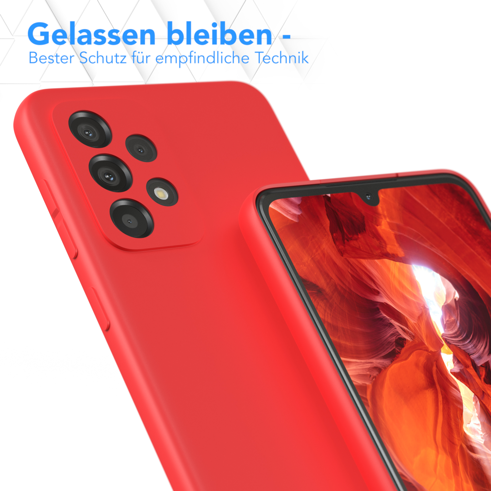 Rote Handyhülle und ein Telefon mit rotem Hintergrund. Text oben.