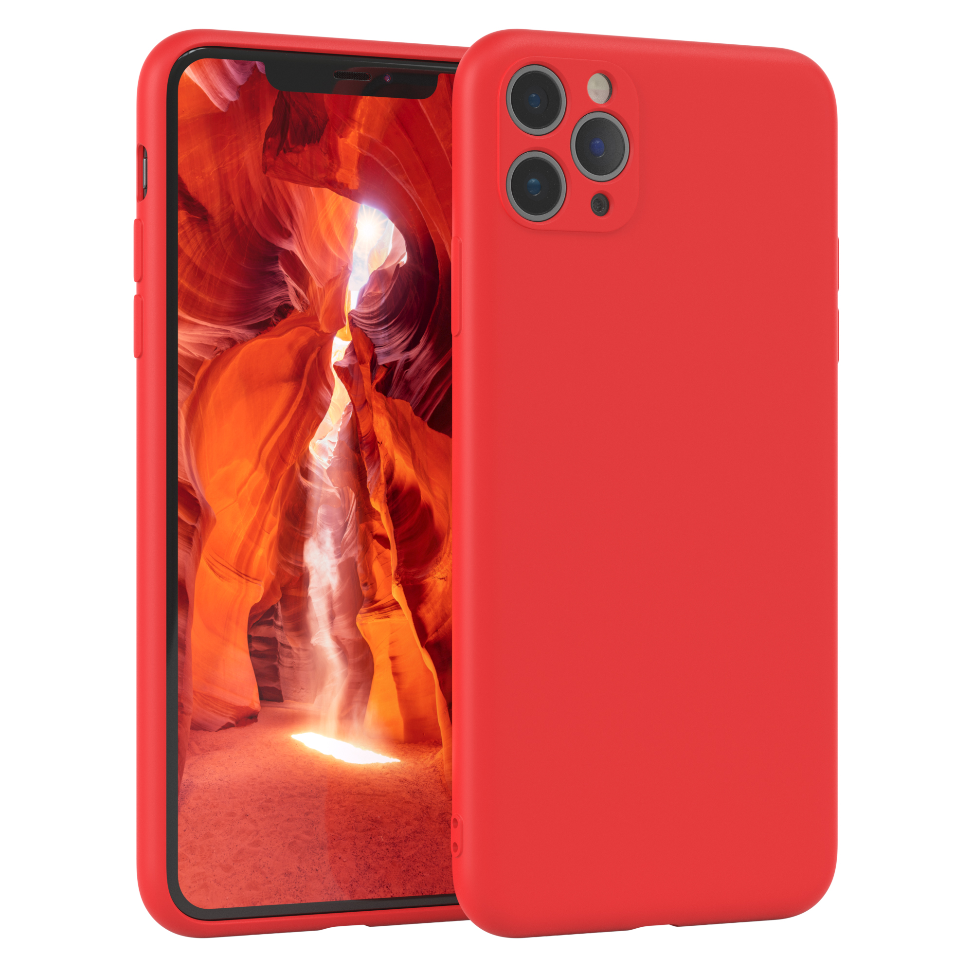 Rotes Telefon in einer Hülle mit einem Foto auf dem Bildschirm.