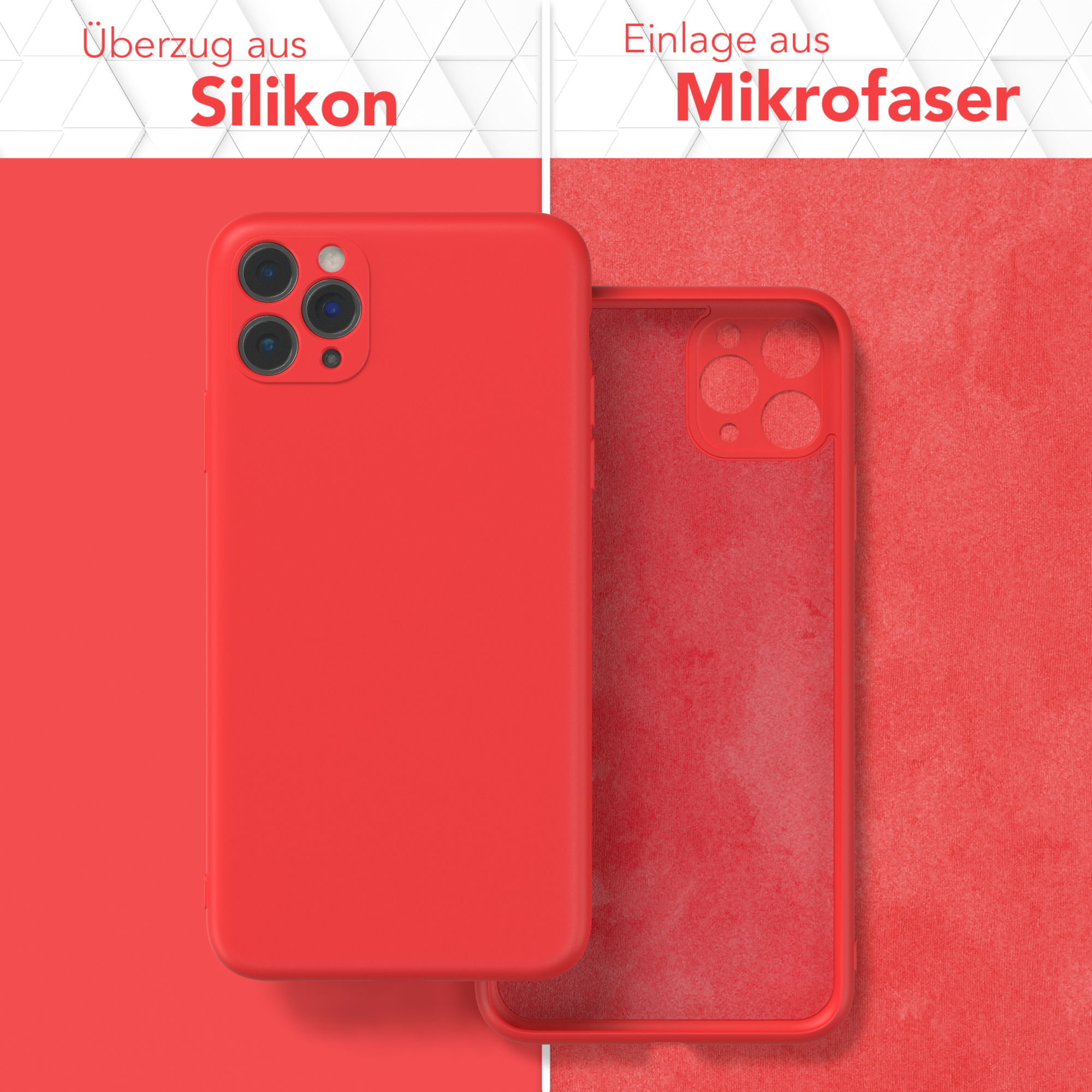 Rote Handyhülle und ihre Innenseite. Text: Überzug aus Silikon, Einlage aus Mikrofaser.