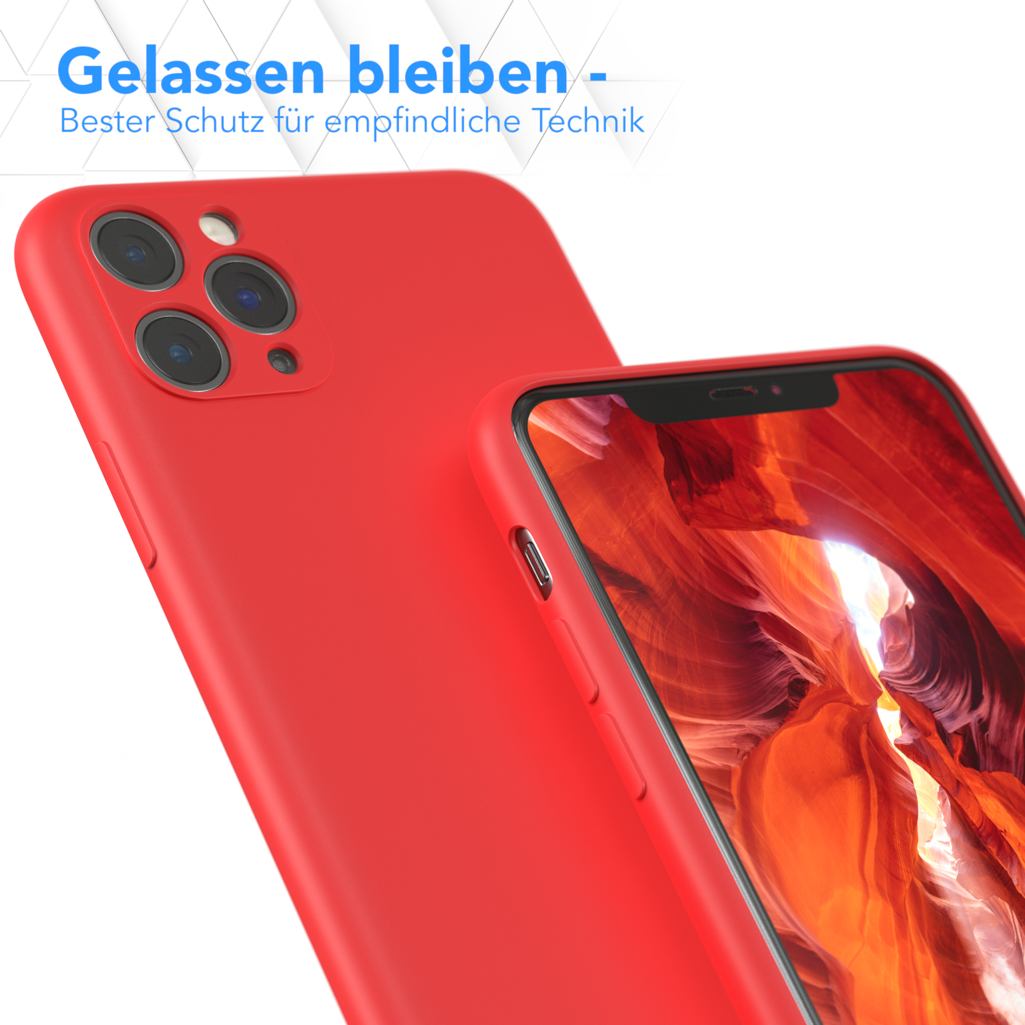 Rote Handyhülle und Telefon auf weißem Hintergrund, mit Text.