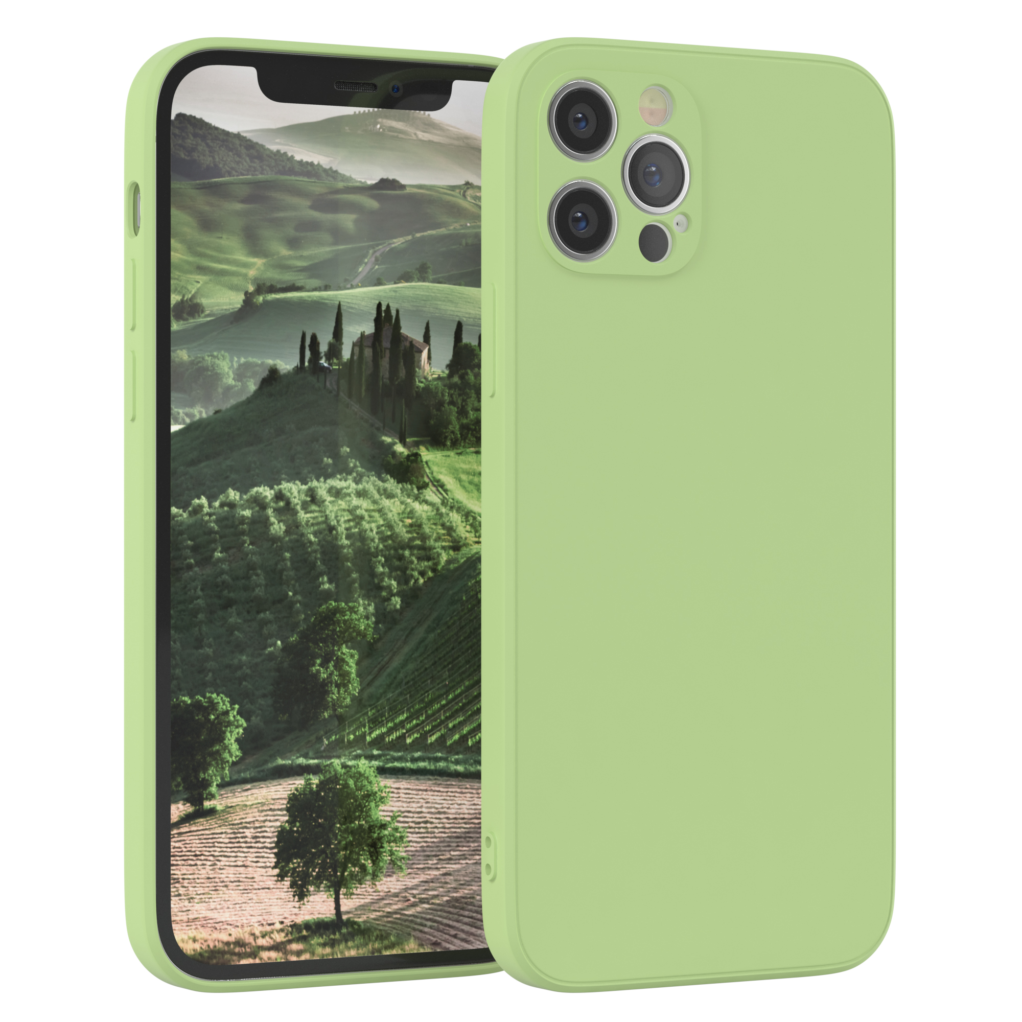 Hellgrüne Handyhülle mit einer toskanischen Landschaft auf dem Telefon.