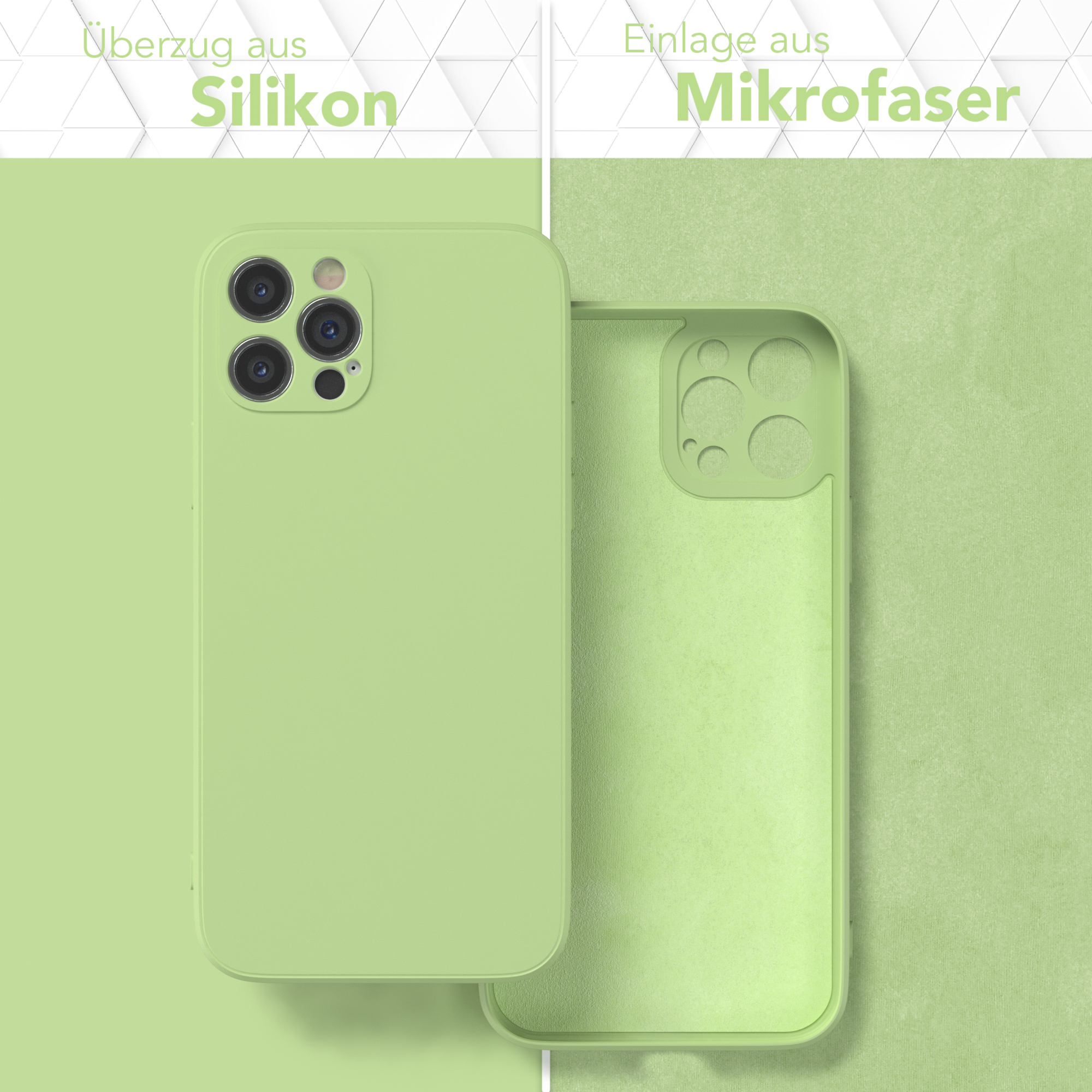 Zwei Handyhüllen. Eine ist grün, die andere offen mit Mikrofaser innen.