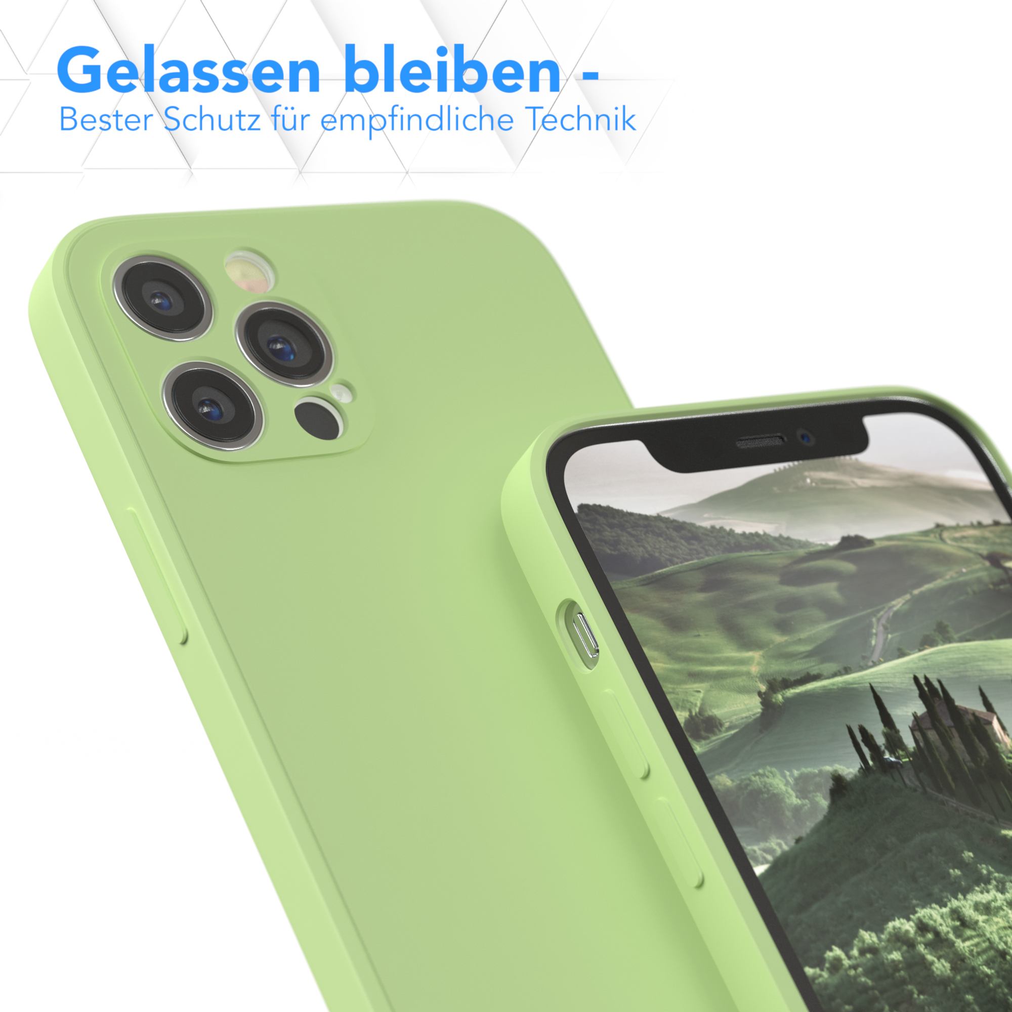 Grüne Handyhülle mit Telefon, Fokus auf Kameralinsen. Text: 'Gelassen bleiben'.