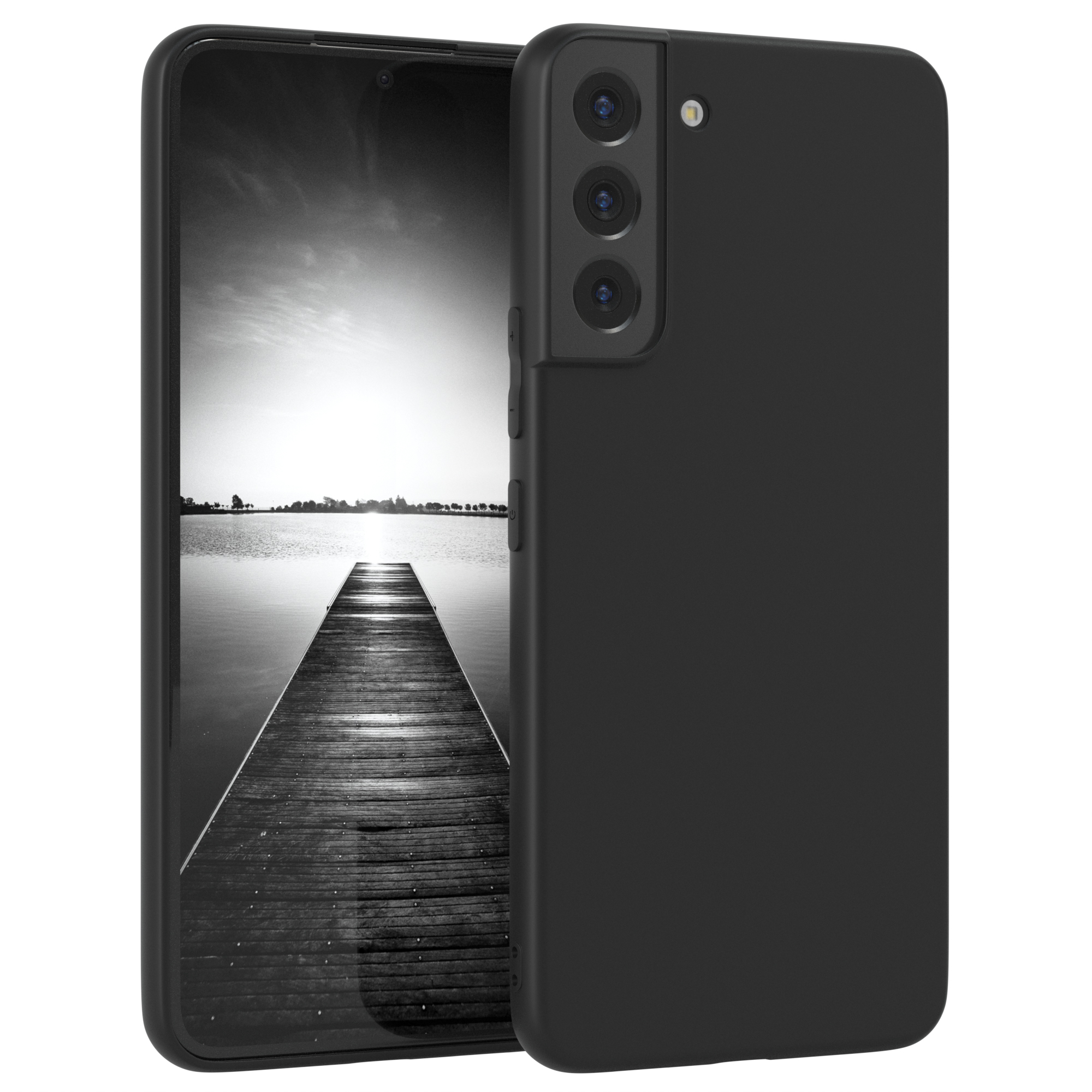 Schwarze Handyhülle mit einem Telefon, das einen Steg zeigt. Weißer Hintergrund.