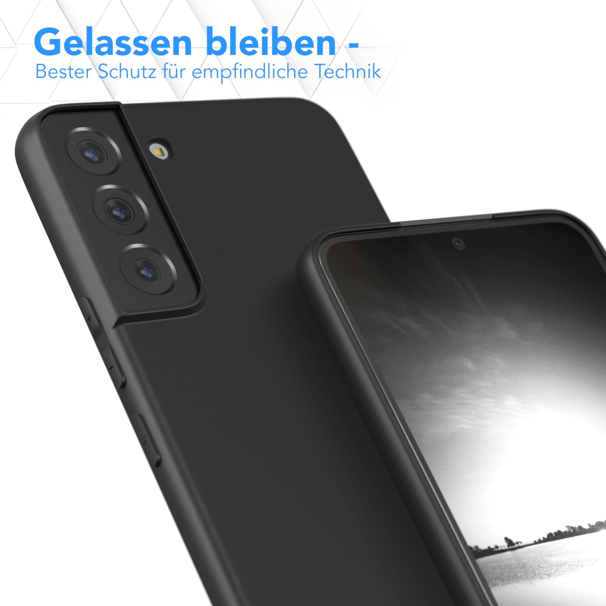 Schwarze Handyhülle mit einem Telefon. Das Telefon zeigt eine Landschaft.