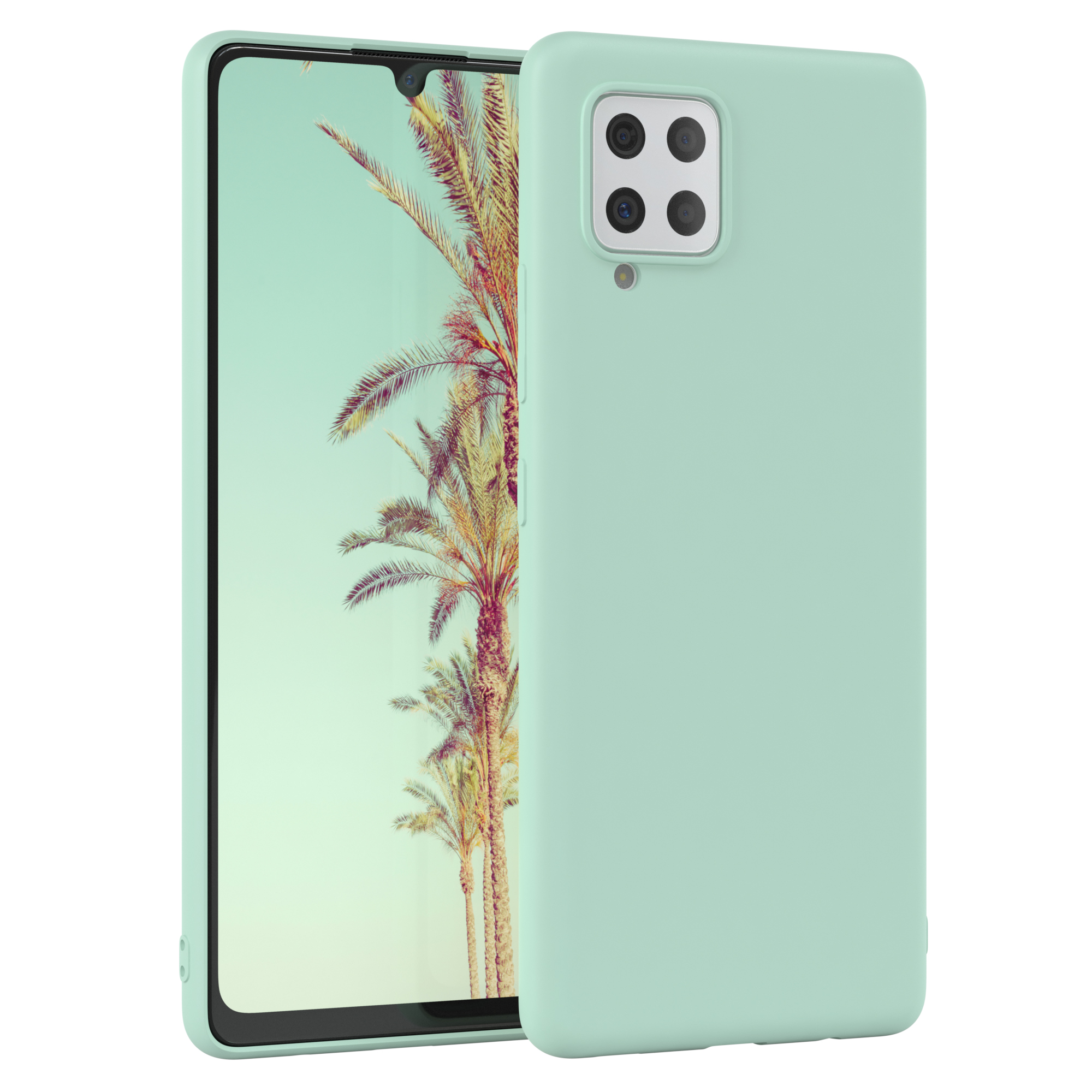 Grüne Handyhülle mit einem Telefon, das Palmen zeigt. Die Hülle ist rechts.