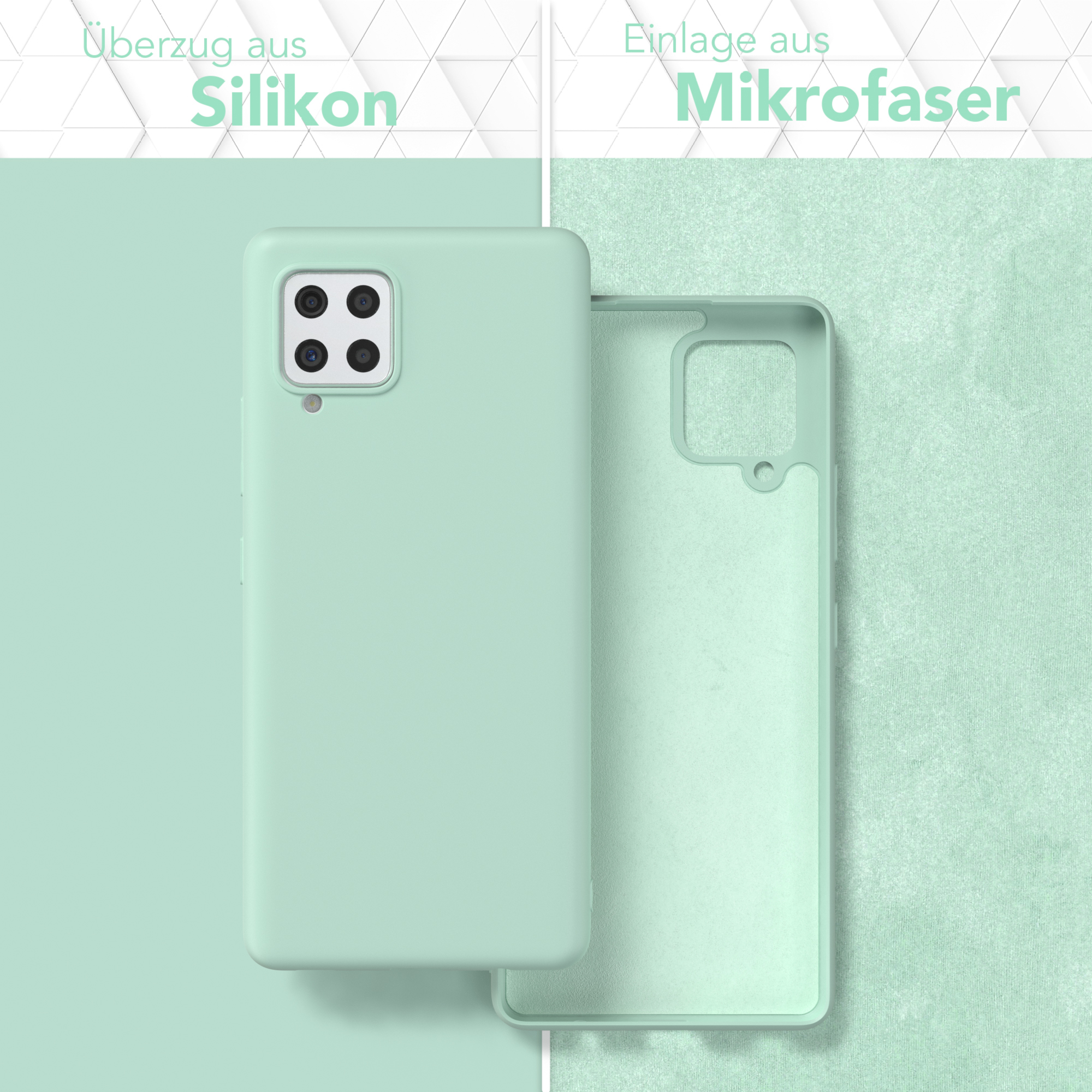Eine Handyhülle in Hellgrün mit Silikonaußen und Mikrofaserinnen.