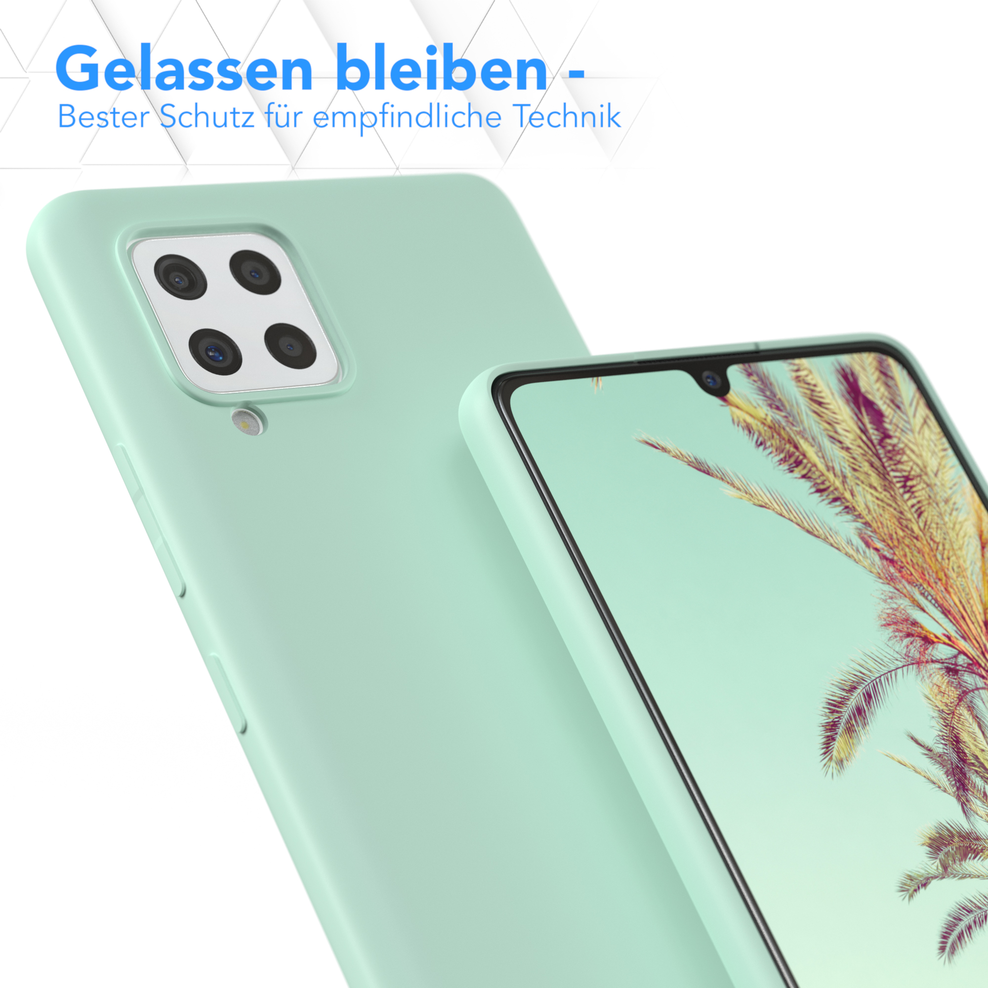 Ein Handycase mit Handy. Beide sind grün. Text sagt 'Gelassen bleiben'.
