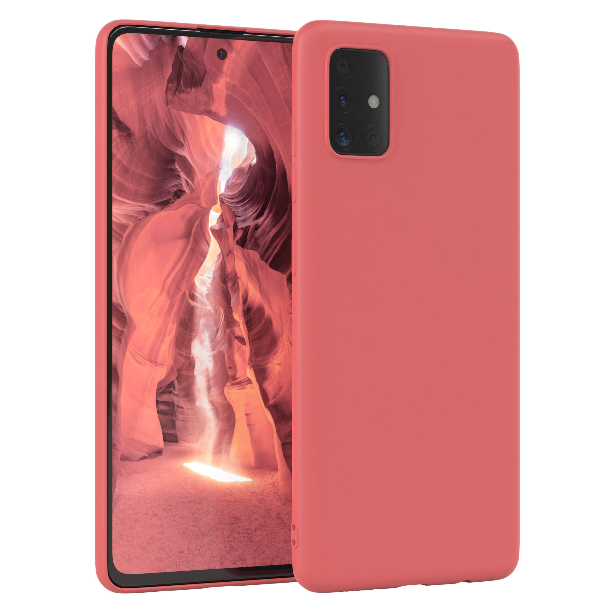 Rote Handyhülle mit einem Telefon darin. Der Hintergrund ist ein Canyon.