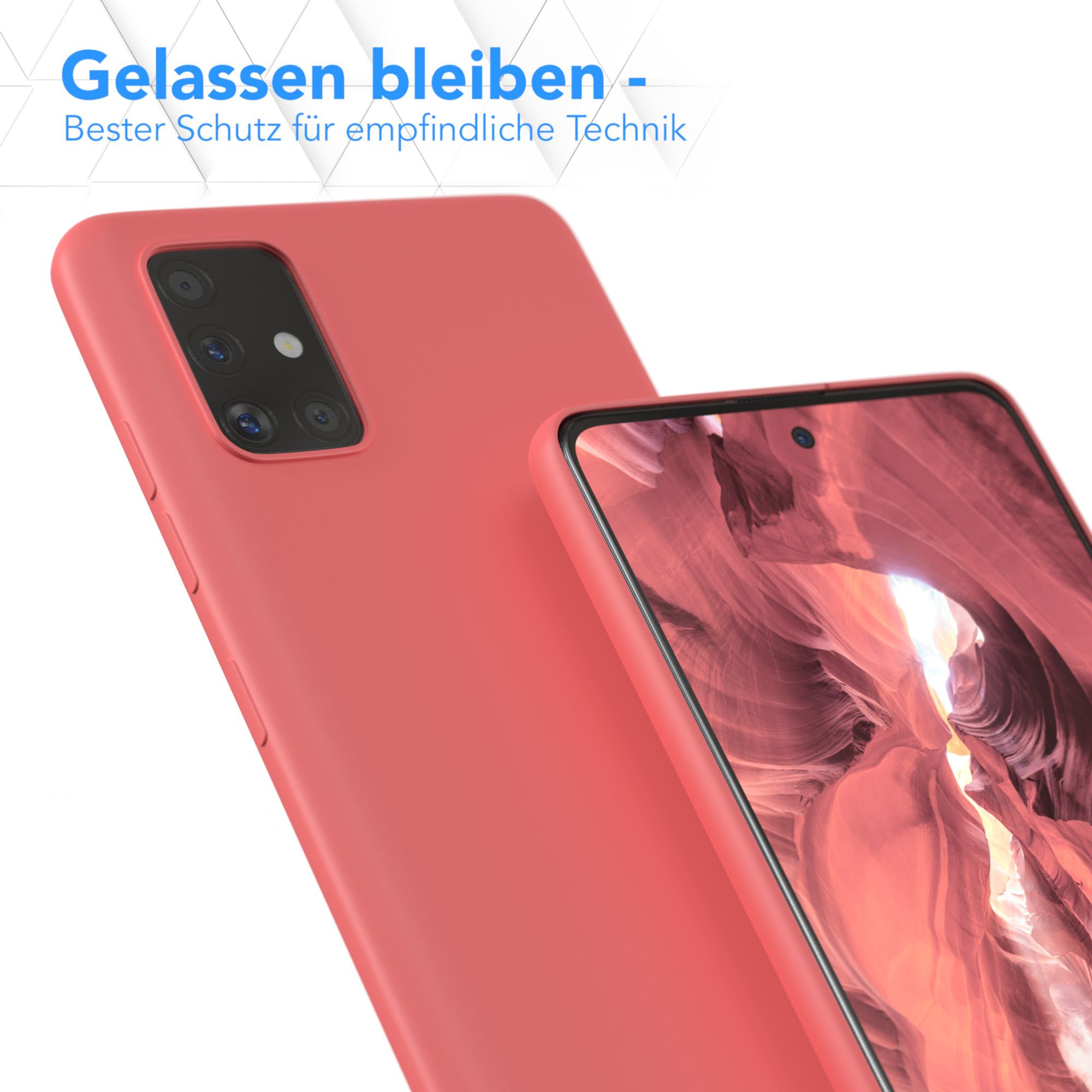 Nahaufnahme von zwei Telefonen in rosa Hüllen. Der Text oben lautet 'Gelassen bleiben'.
