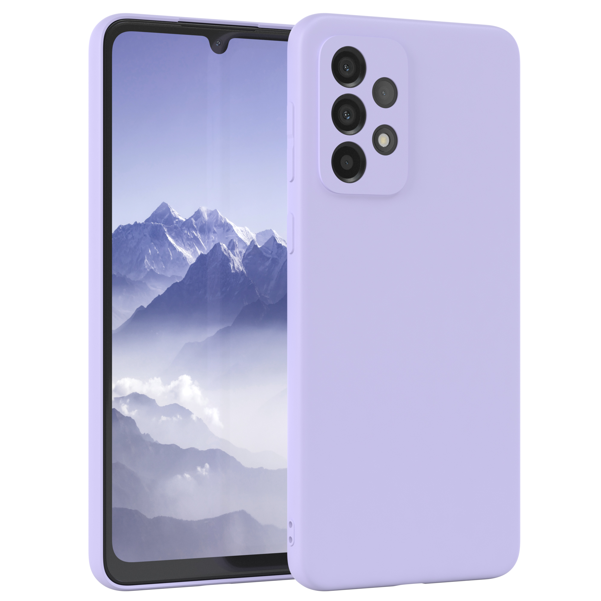 Lavendel-Telefon mit Lavendel-Hülle, zwei Telefone, weißer Hintergrund.