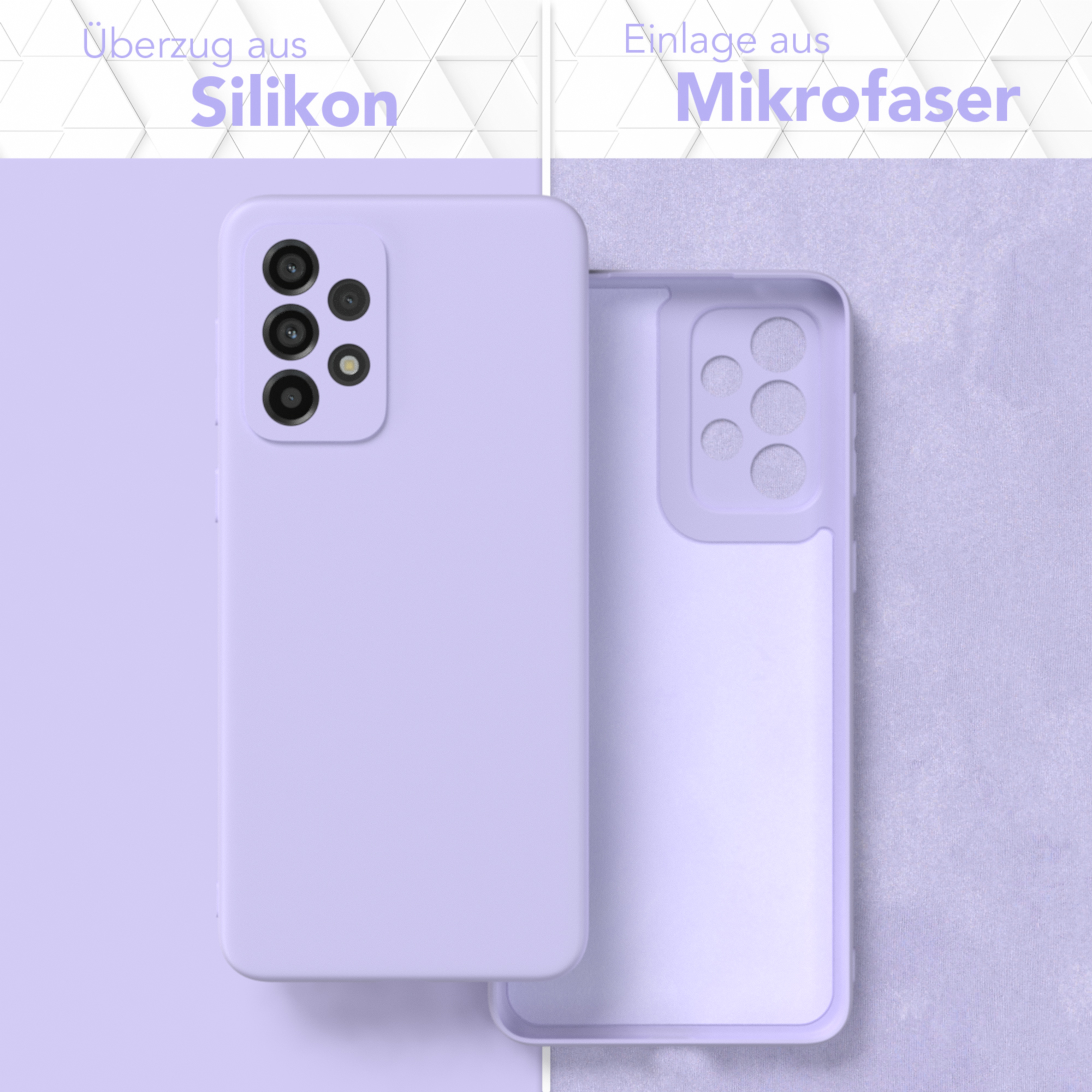 Zwei Handyhüllen, eine lavendelfarben, eine transparent, Text 'Silikon' und 'Mikrofaser'.
