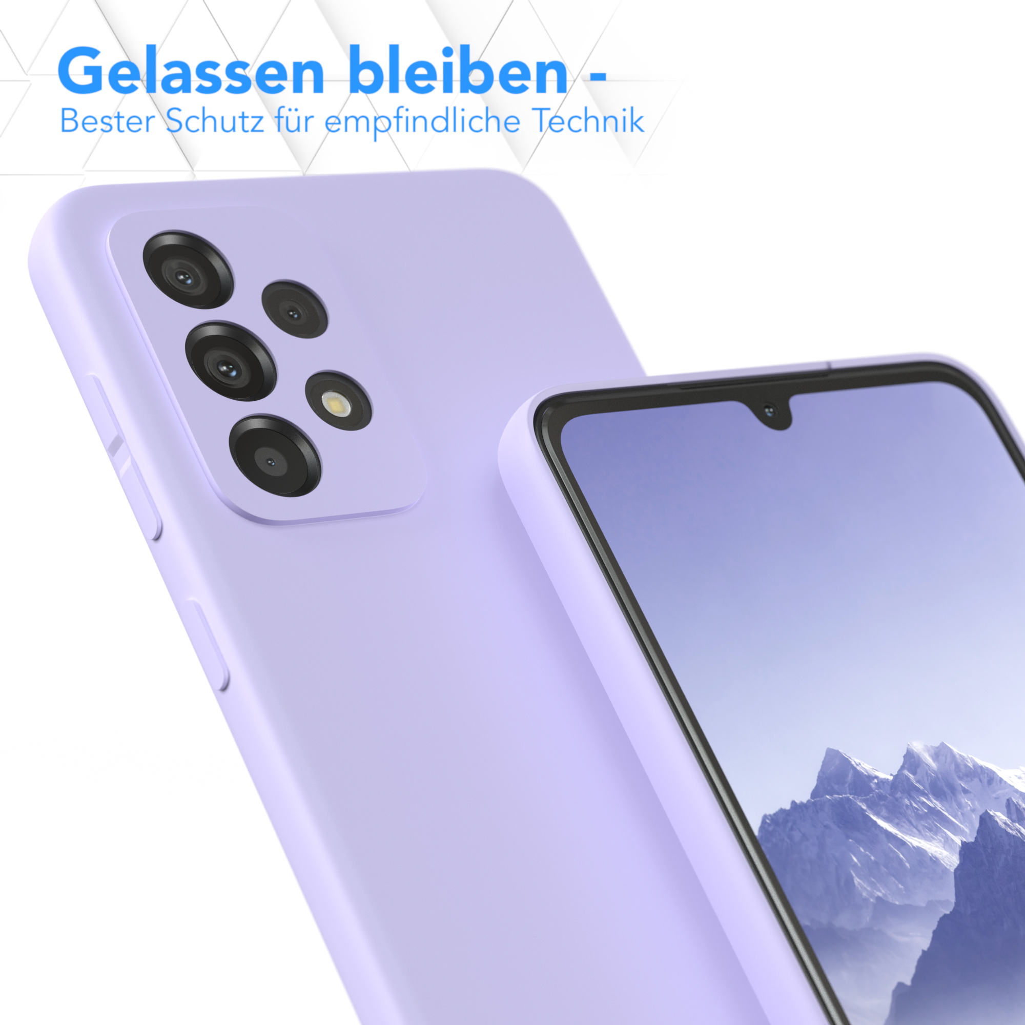 Ein lila Handy und ein Telefon sind abgebildet, mit einer Berglandschaft auf dem Bildschirm. Text oben.