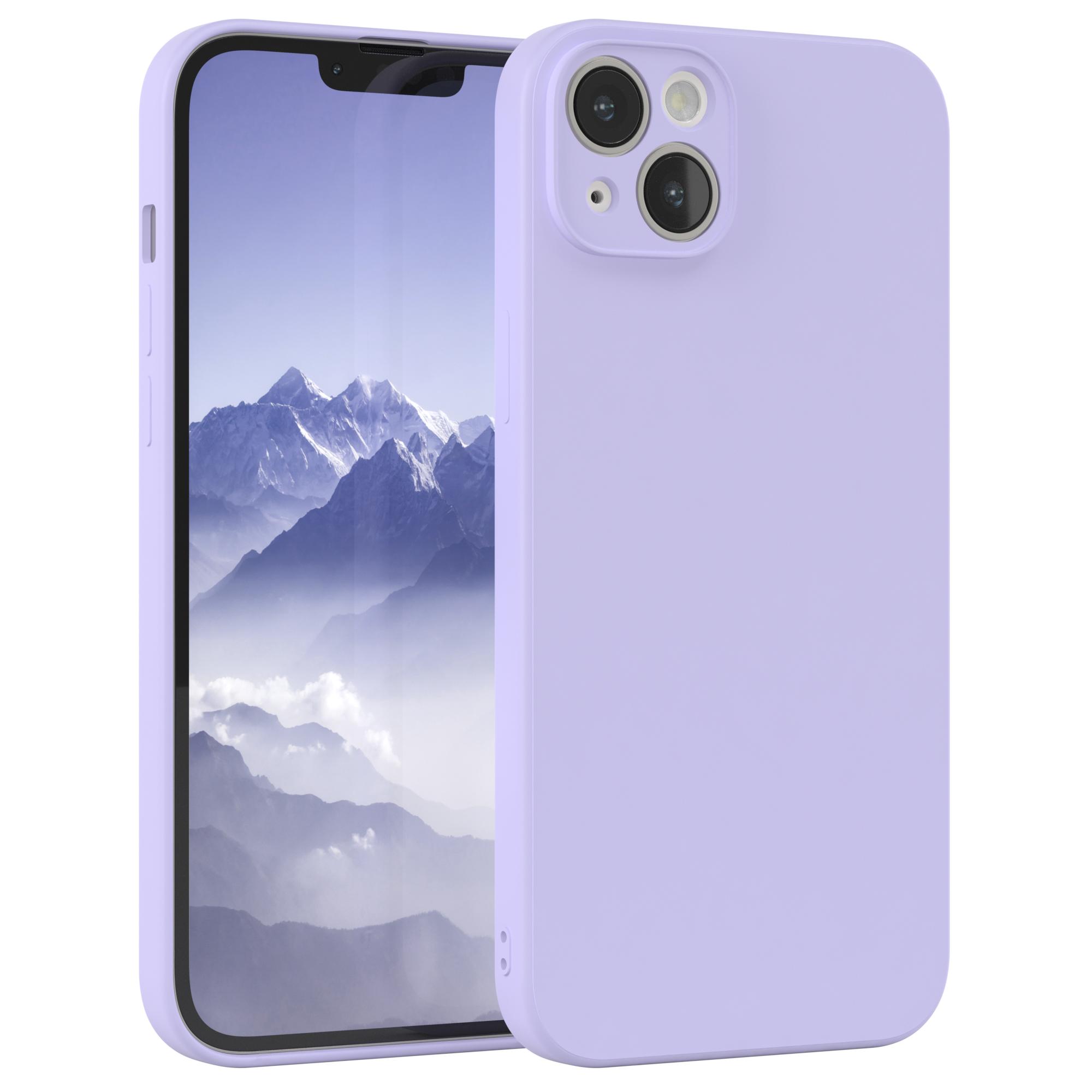 Lila Handyhülle mit Telefon, das Berge zeigt. Hülle rechts.