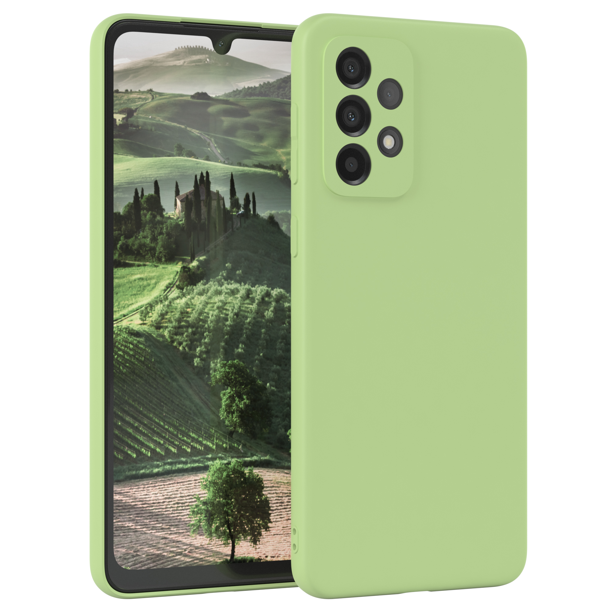 Ein grünes Telefon mit Hülle zeigt eine Landschaft.