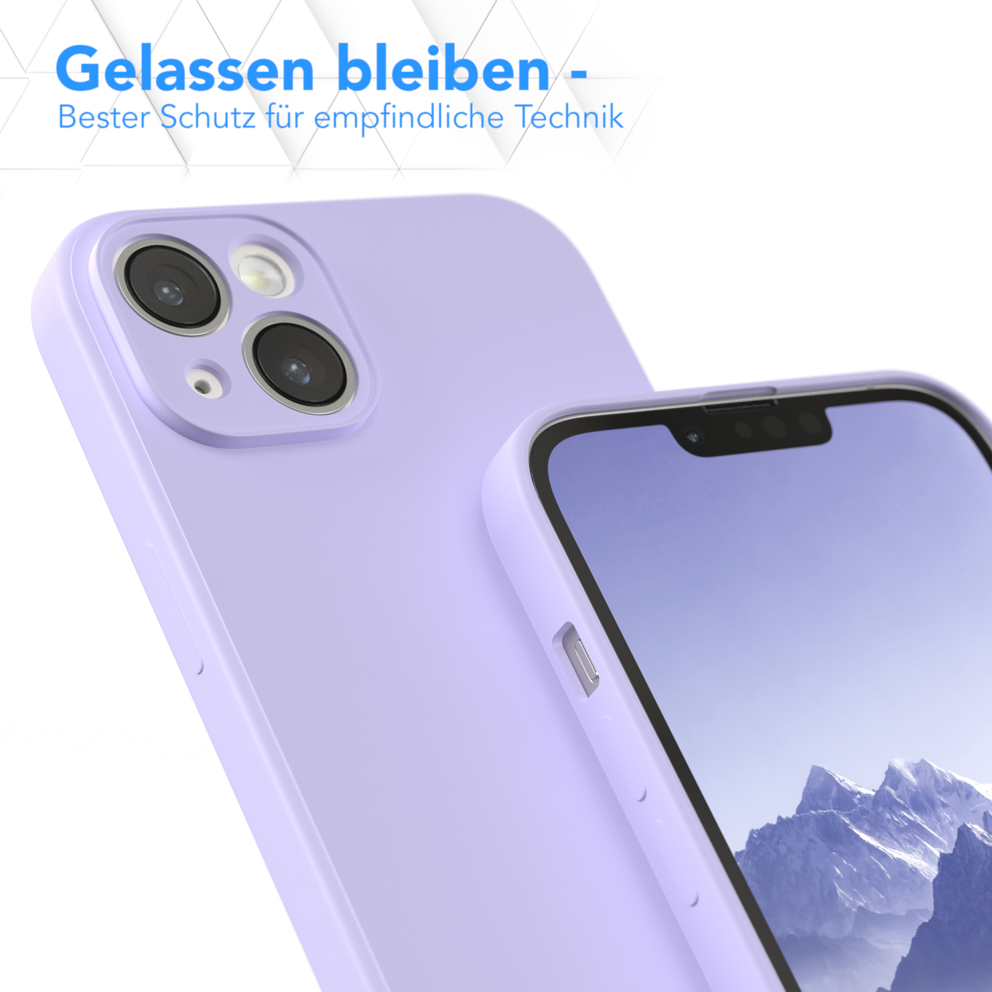 Eine lila Handyhülle neben einem Telefon mit Kamera. Der Text sagt 'Gelassen bleiben'.