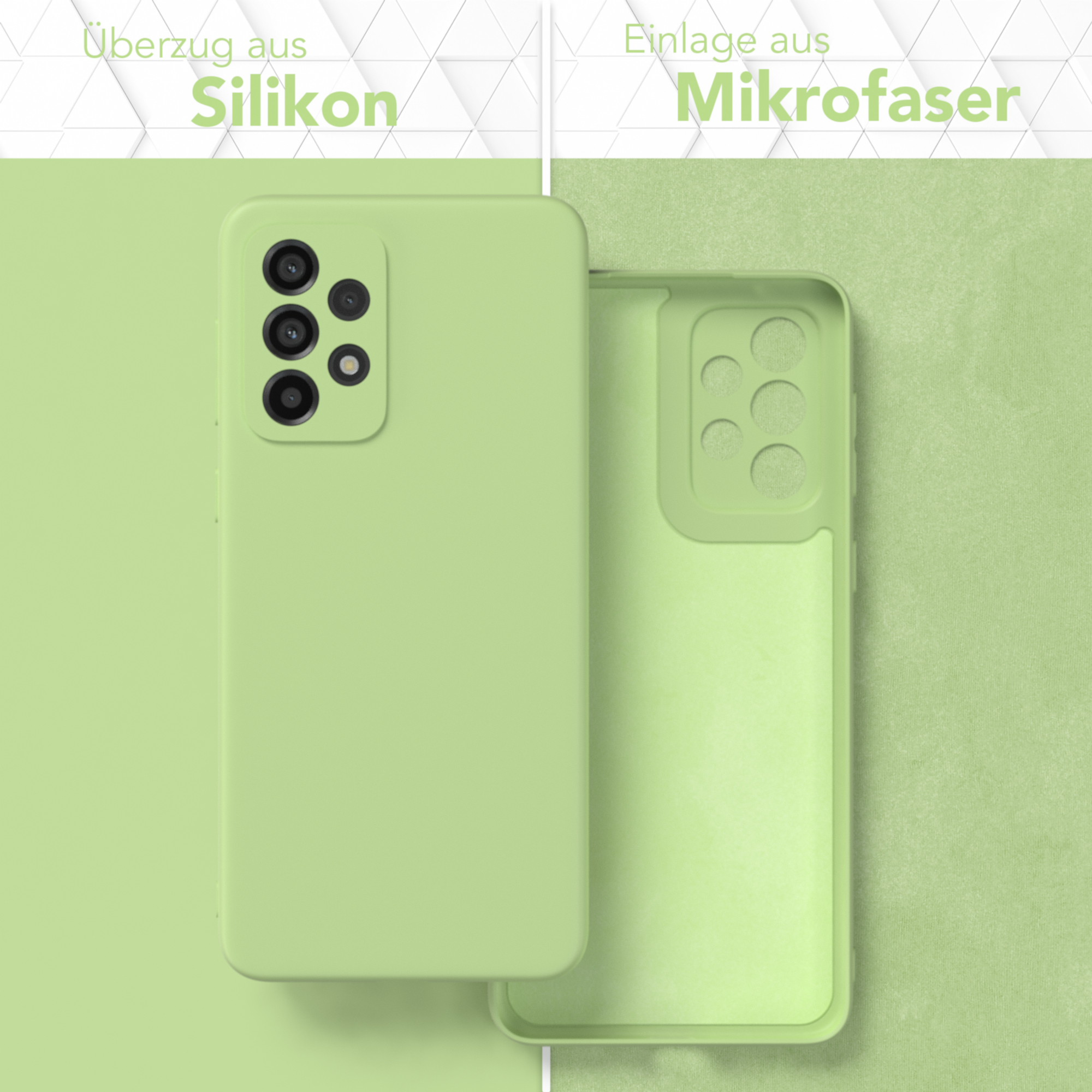 Eine grüne Handyhülle. Eine Seite ist am Telefon, die andere ist separat.