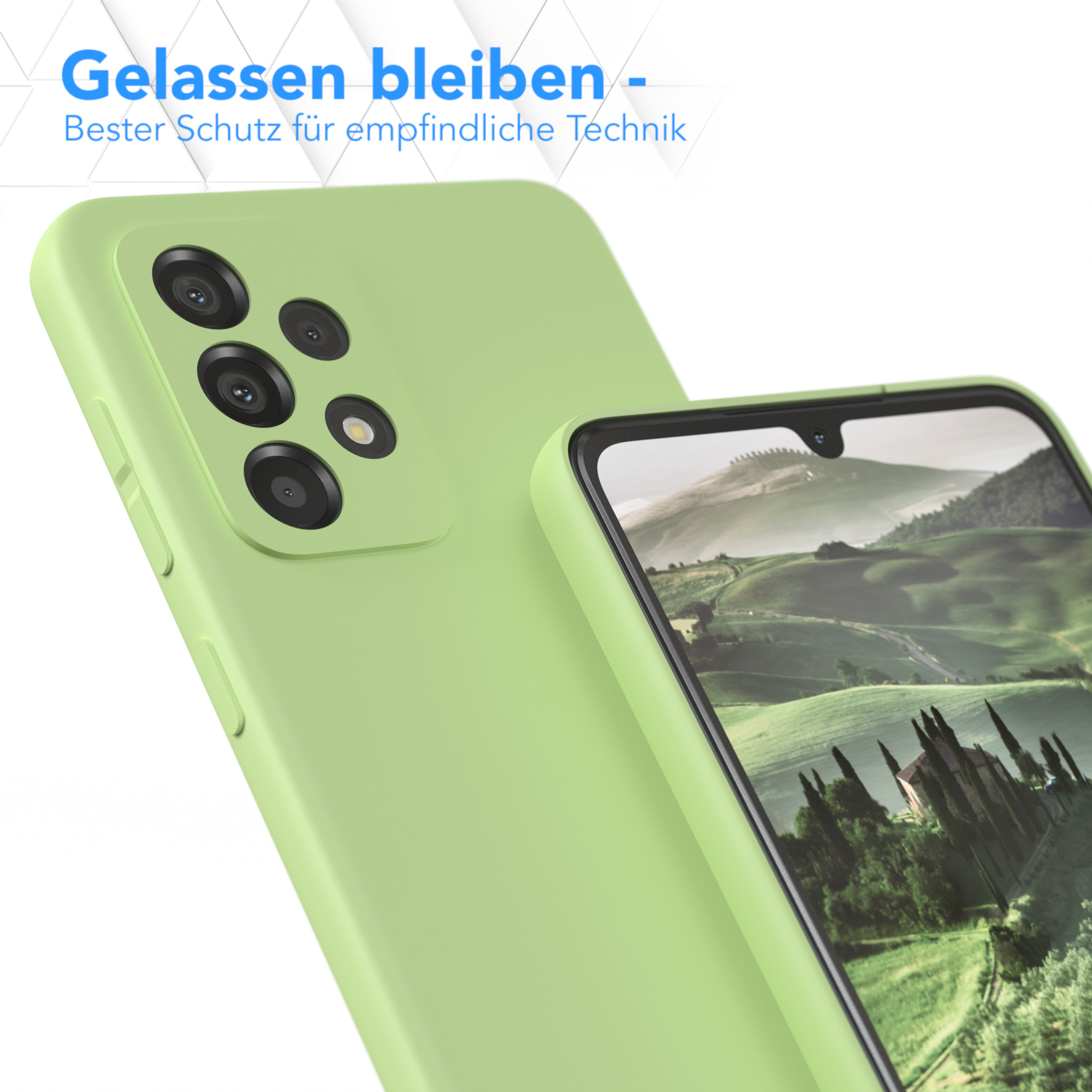 Grüne Handyhülle mit Telefon darin. Text: 'Bleib gelassen - Bester Schutz für empfindliche Technik'.