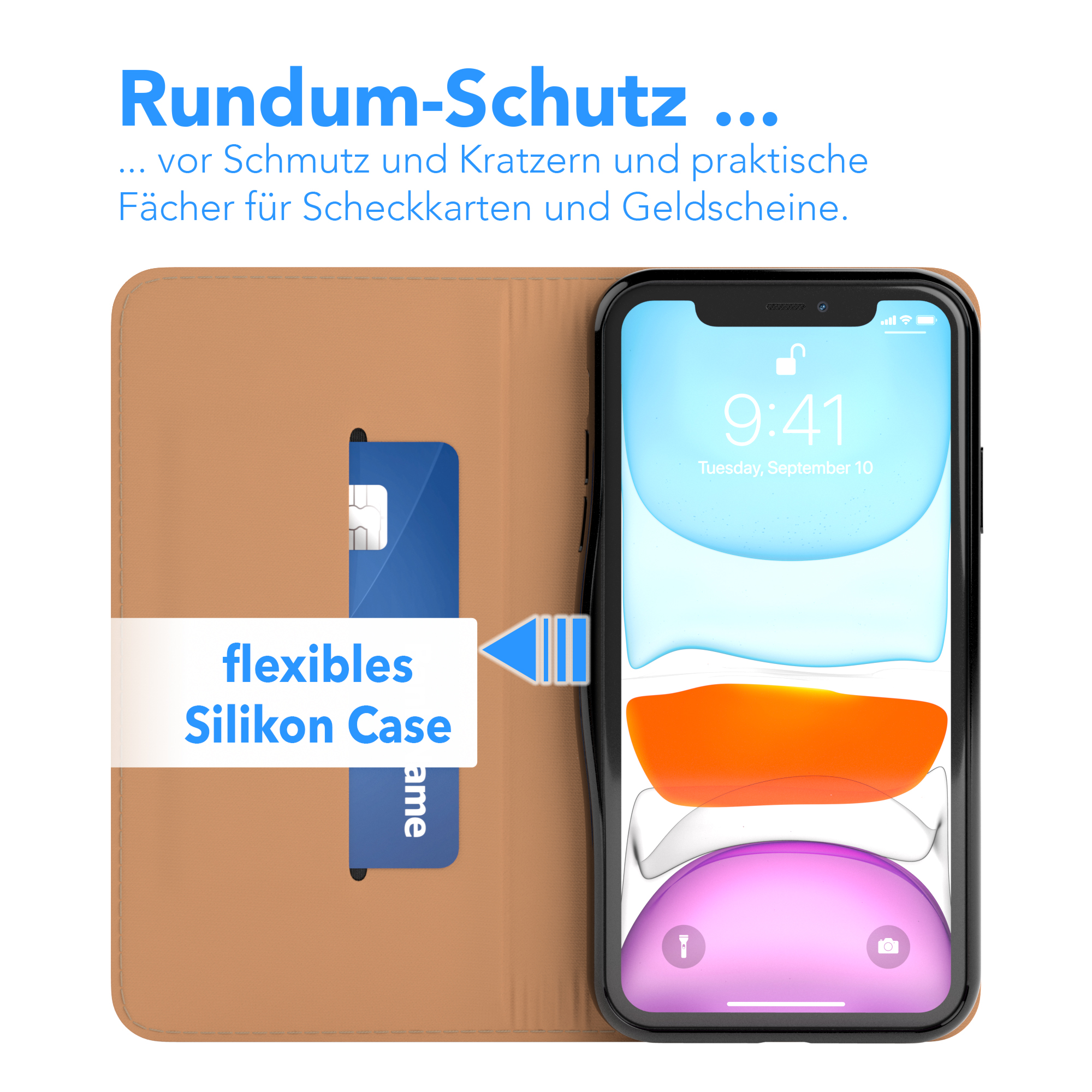 Handyhülle mit Telefon, Karte und brauner lederartiger Außenseite.