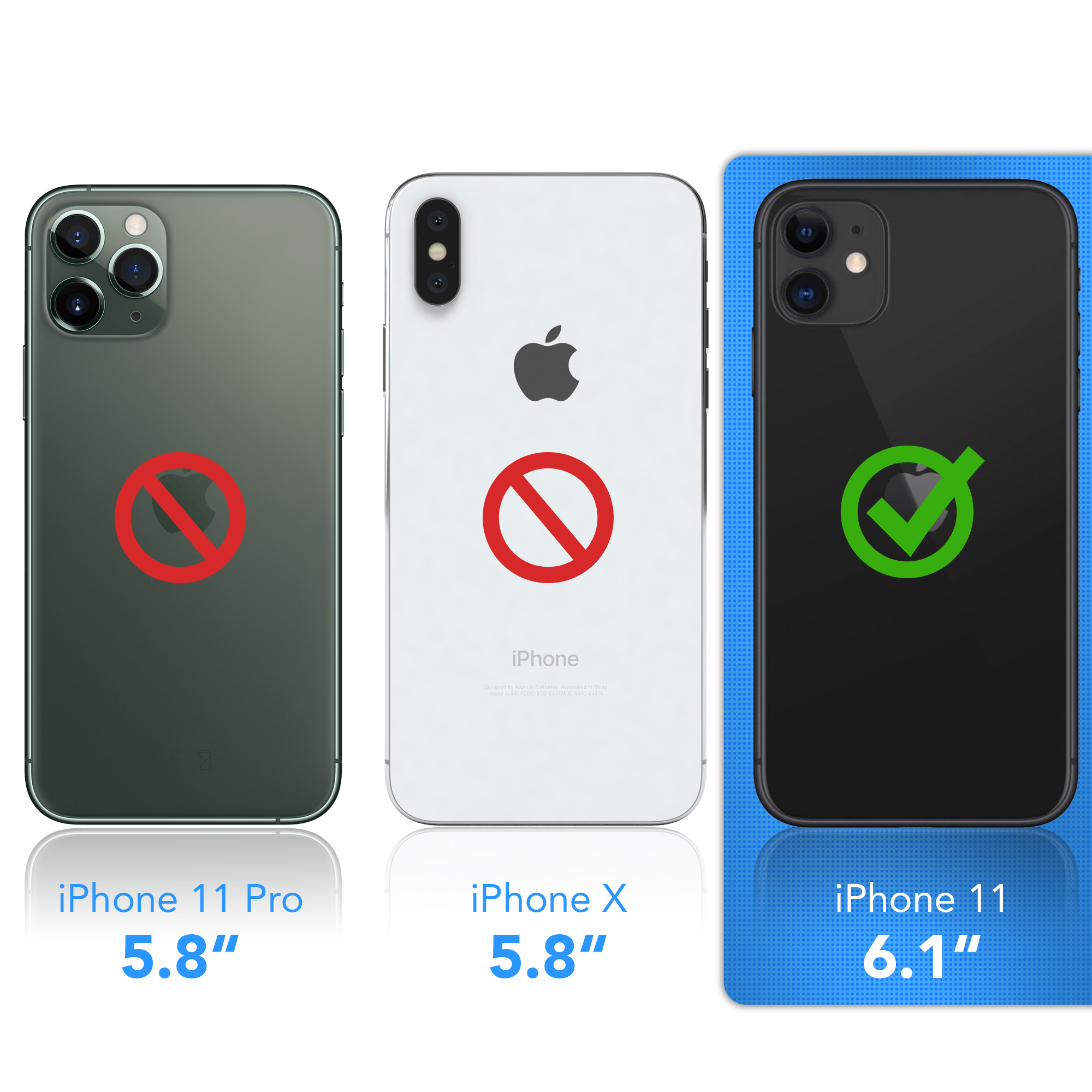 Vergleich von iPhones: iPhone 11 Pro (nein), iPhone X (nein), iPhone 11 (ja).