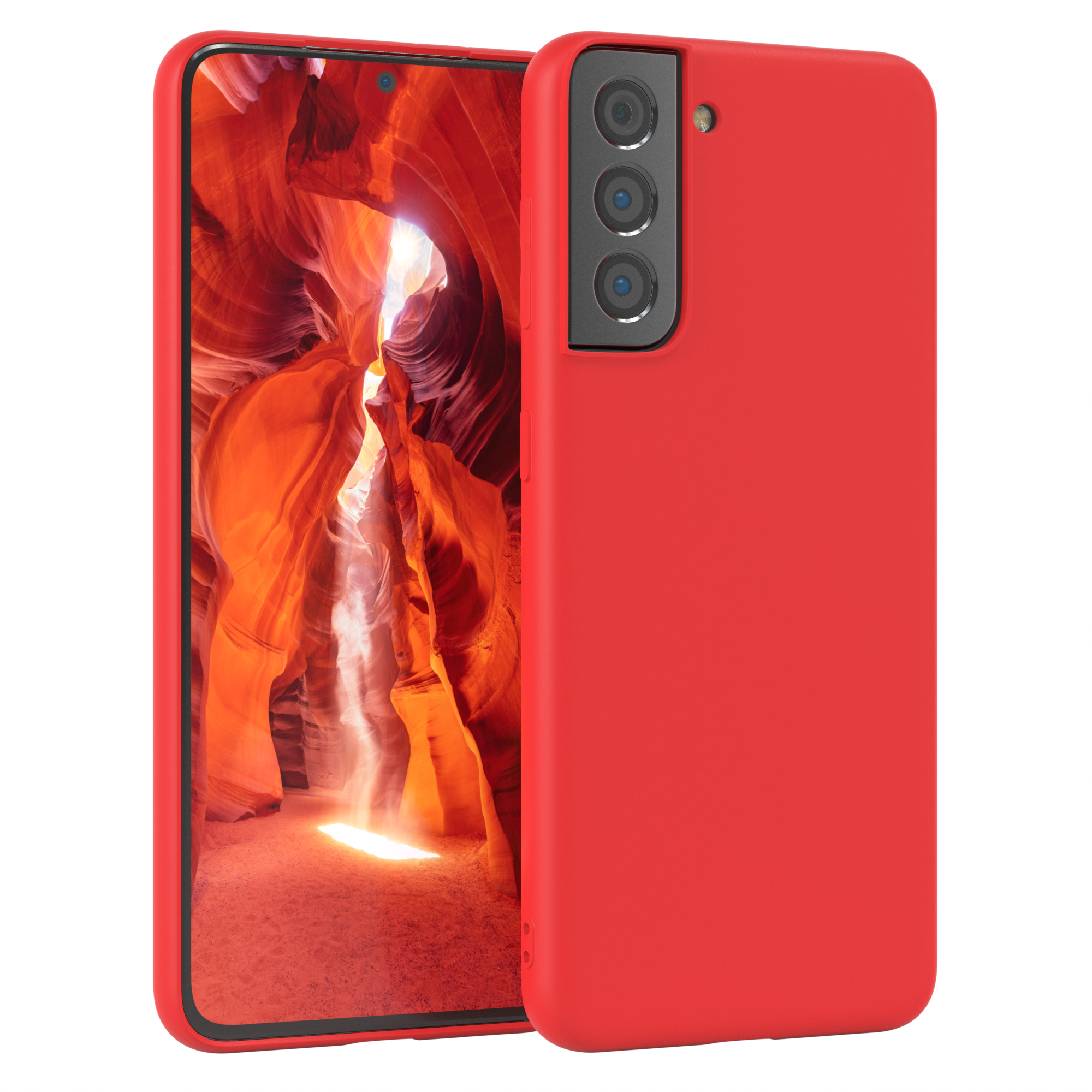 Rotes Telefon in roter Hülle, Canyons im Hintergrund.