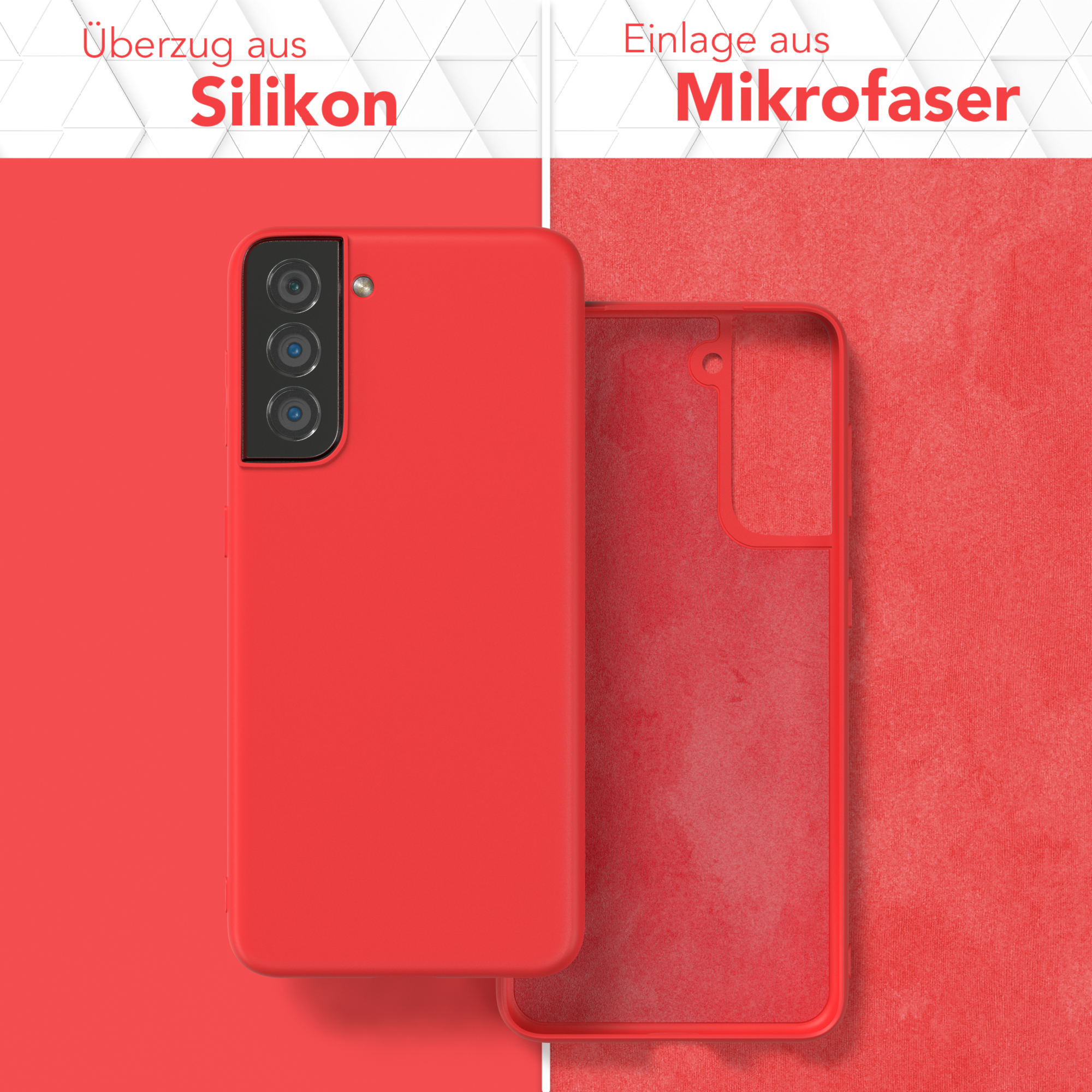 Rote Handyhülle und ihr Innenteil. Der Text lautet 'Silikon' und 'Mikrofaser'.
