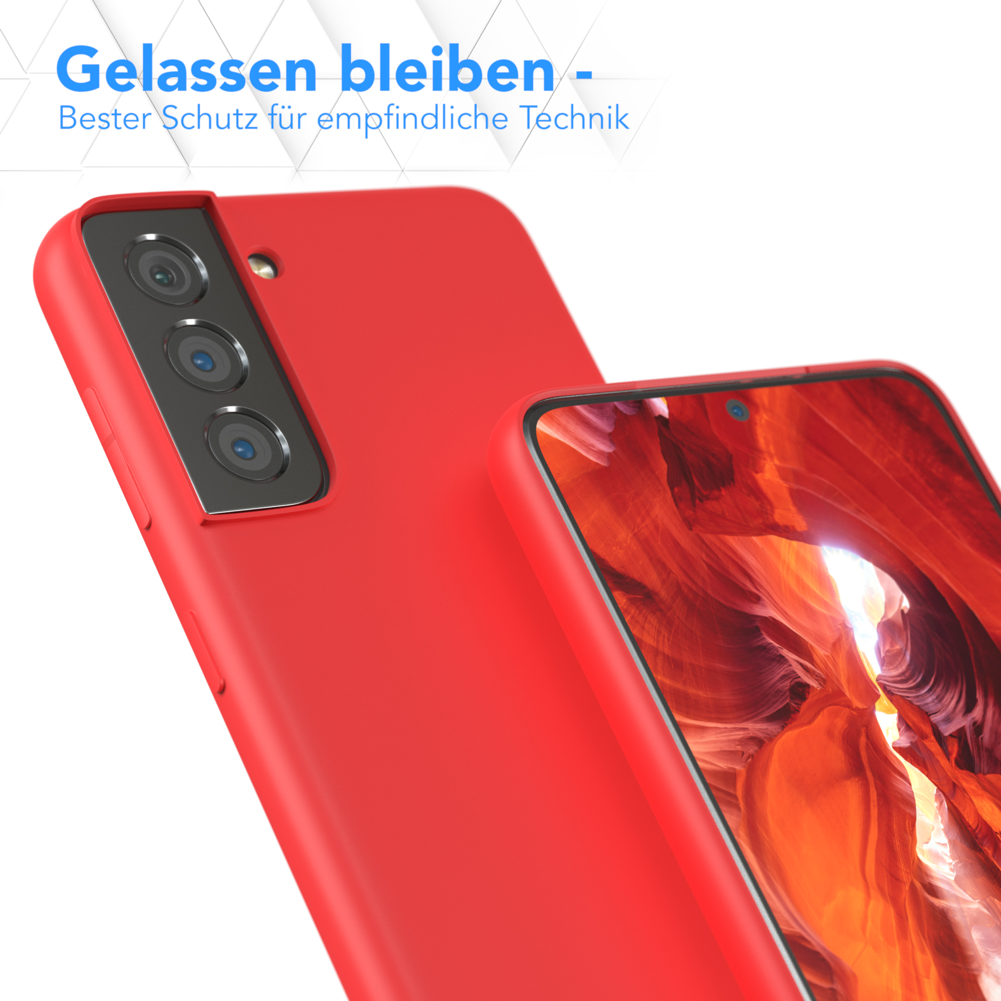 Zwei rote Handyhüllen, eine zeigt ein Handy mit Kamera. Text darüber lautet 'Gelassen bleiben'.