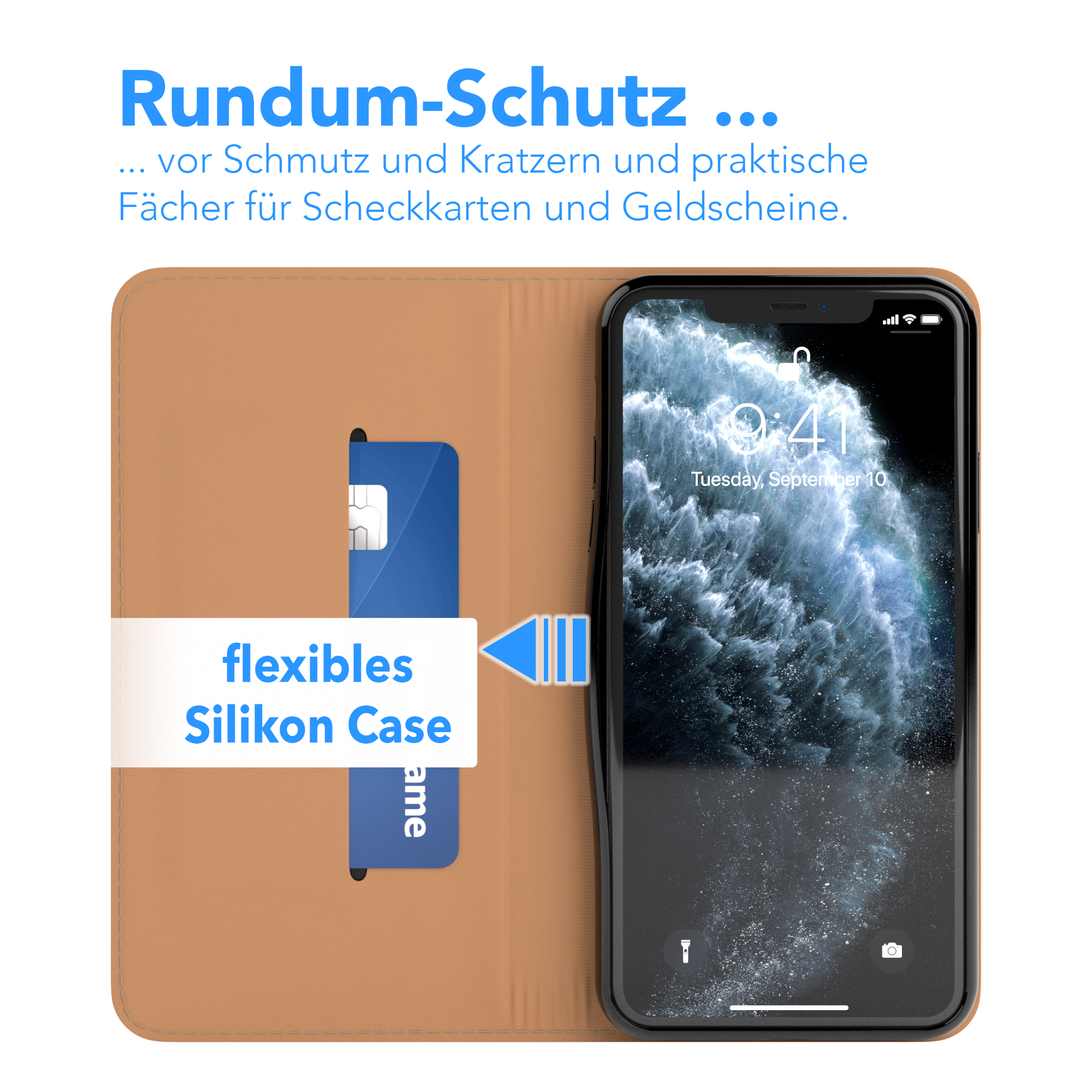 Offene Handyhülle mit Handy. Text auf der Hülle: 'flexibles Silikon Case'.