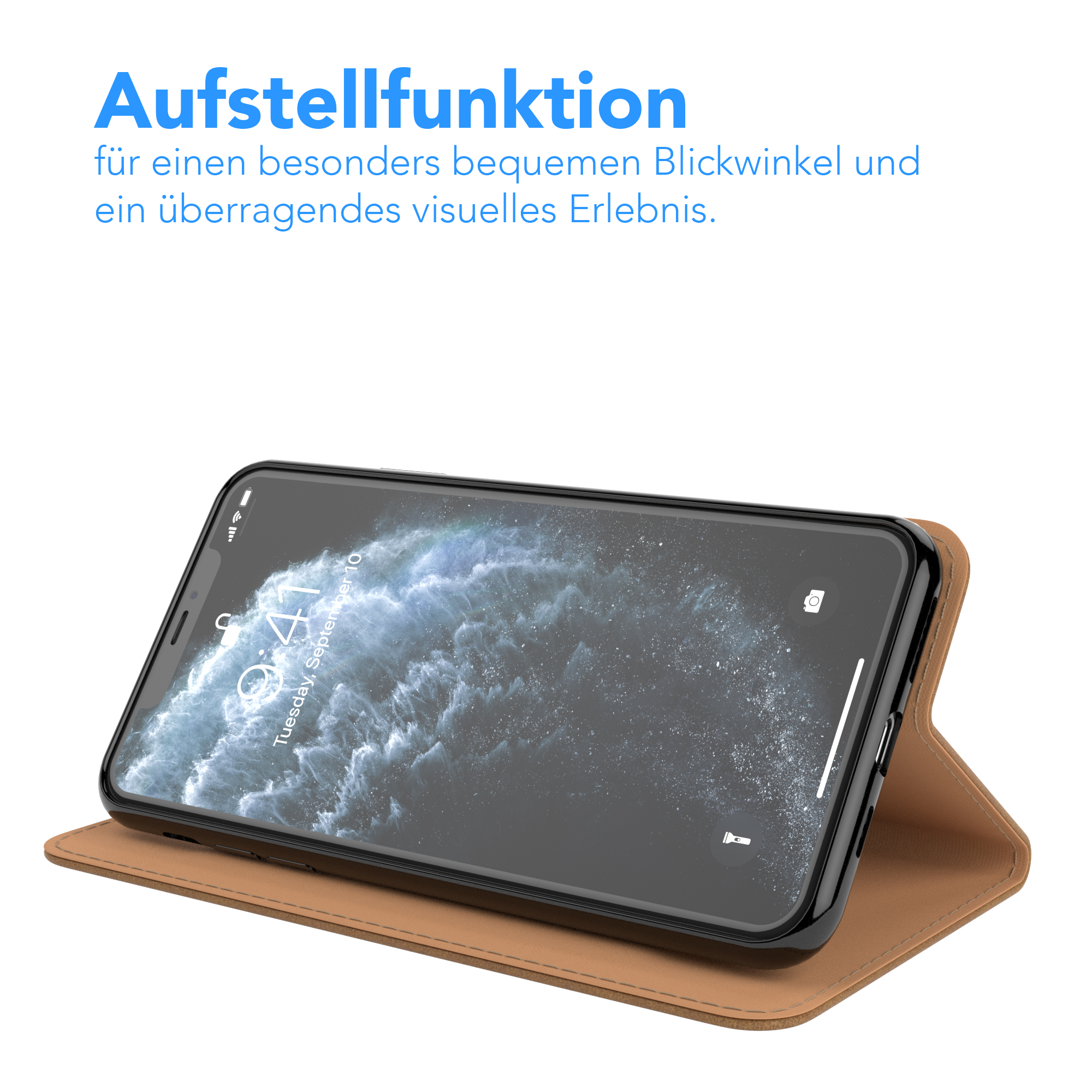 Ein Telefon in einer Hülle, die braun und schwarz ist. Der Bildschirm ist eingeschaltet.