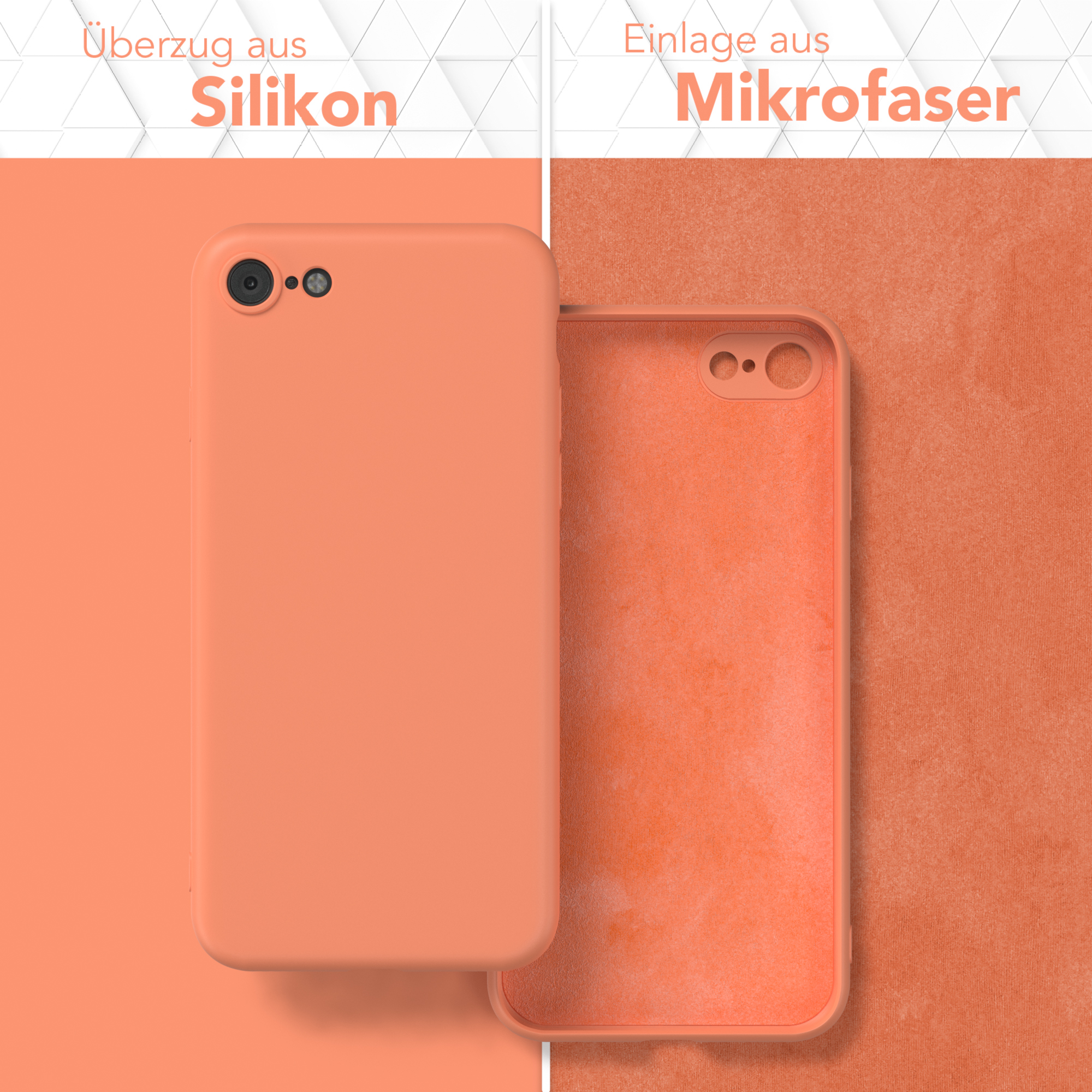 Zwei Handyhüllen, eine orangefarbene und eine offene, die eine Mikrofaser-Innenschicht zeigen.