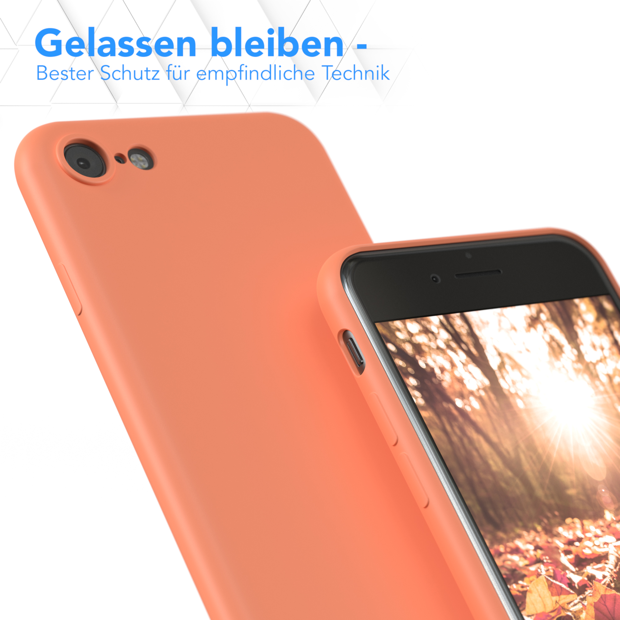 Zwei Handyhüllen, eine auf einem Telefon, in Orange. Ein Text darüber lautet "Gelassen bleiben".