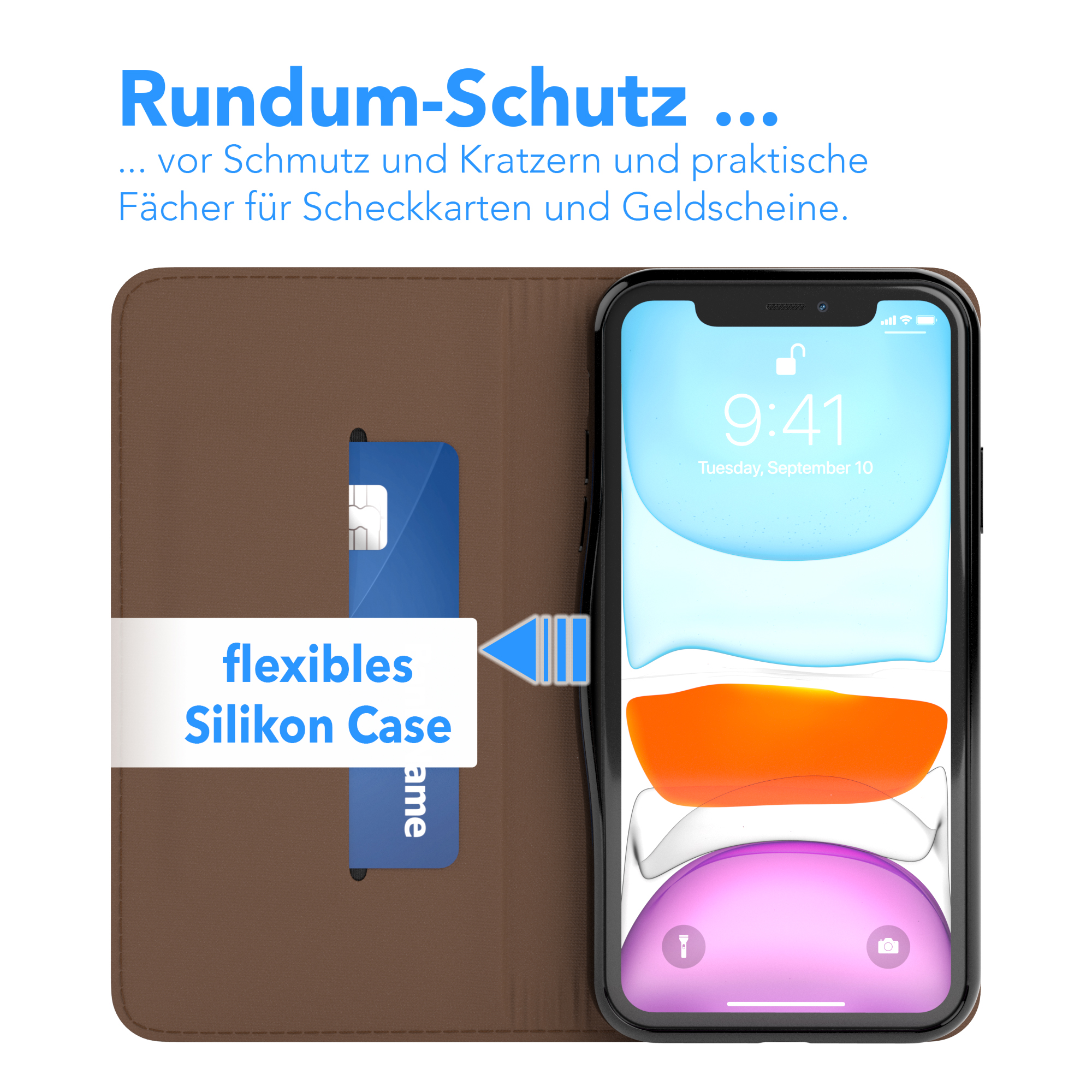 Telefon in brauner Lederhülle, mit blauer Karte im Schlitz. Das Telefon ist an.