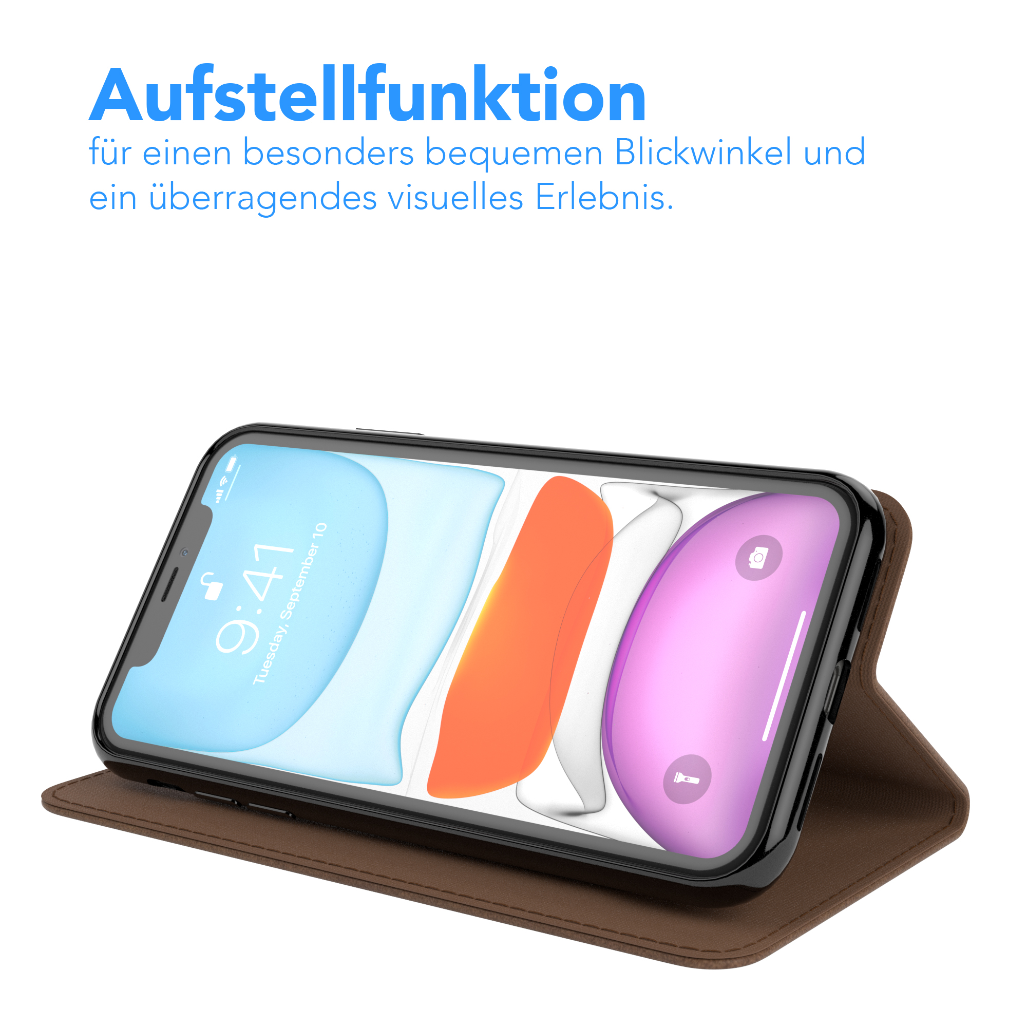 Telefon in einer braunen Hülle, geöffnet, um den Bildschirm anzuzeigen.