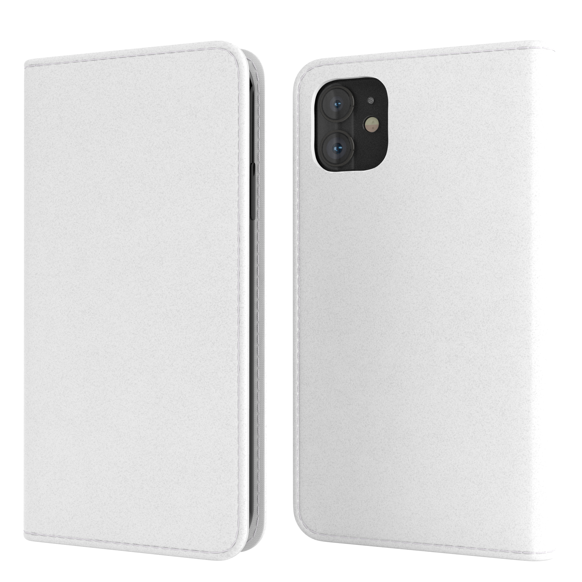 Zwei offene, weiße Handyhüllen mit einem Telefon darin. Das Telefon hat zwei Kameralinsen.