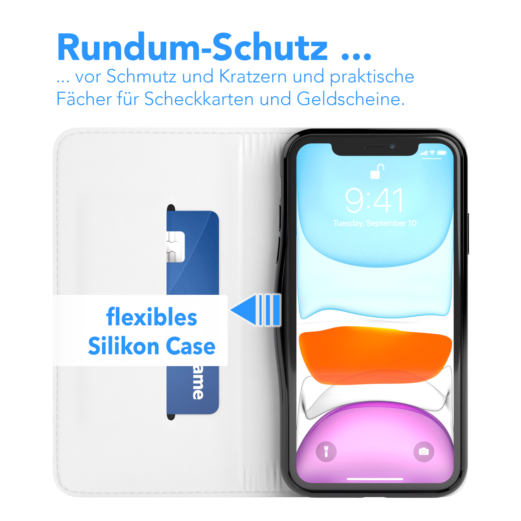 Handyhülle mit Karte, Telefon zeigt Uhrzeit. Text: Rundumschutz.