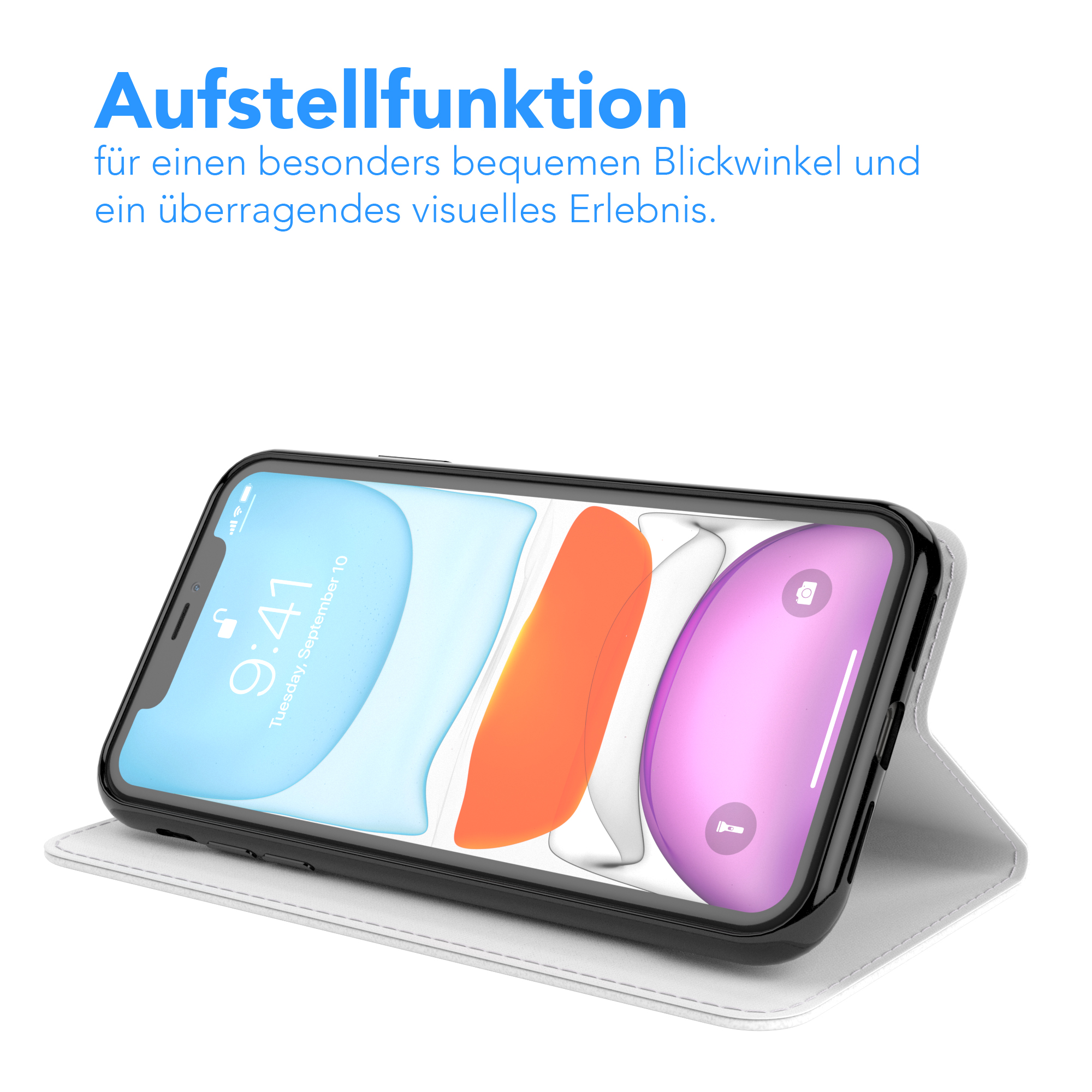 Telefon in weißer Hülle, aufgestellt. Text besagt, dass die Hülle eine Standfunktion hat.