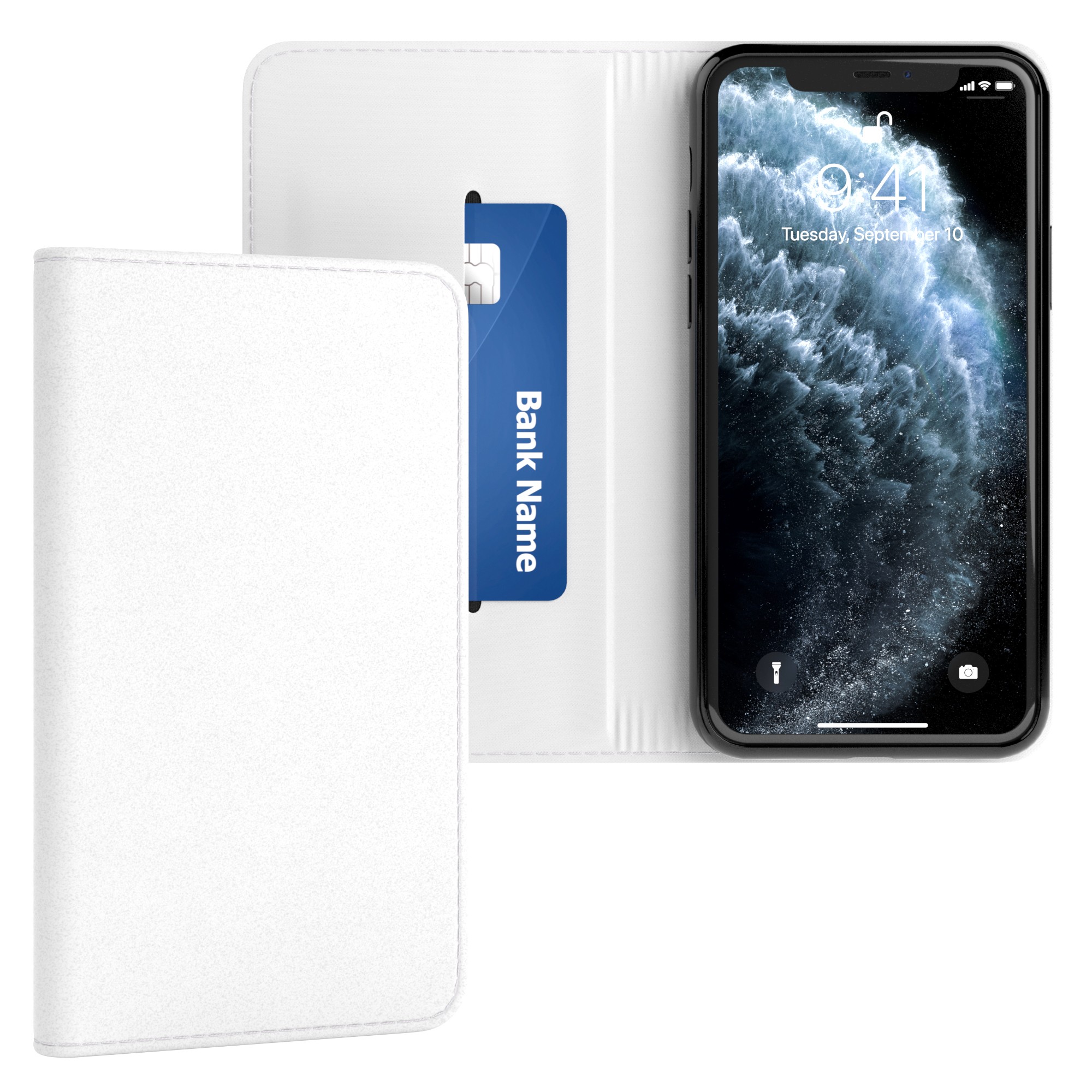 Weißes Telefon-Portemonnaie mit Telefon, das ein Schwarz-Weiß-Bild zeigt. Blaue Karte in der Tasche.