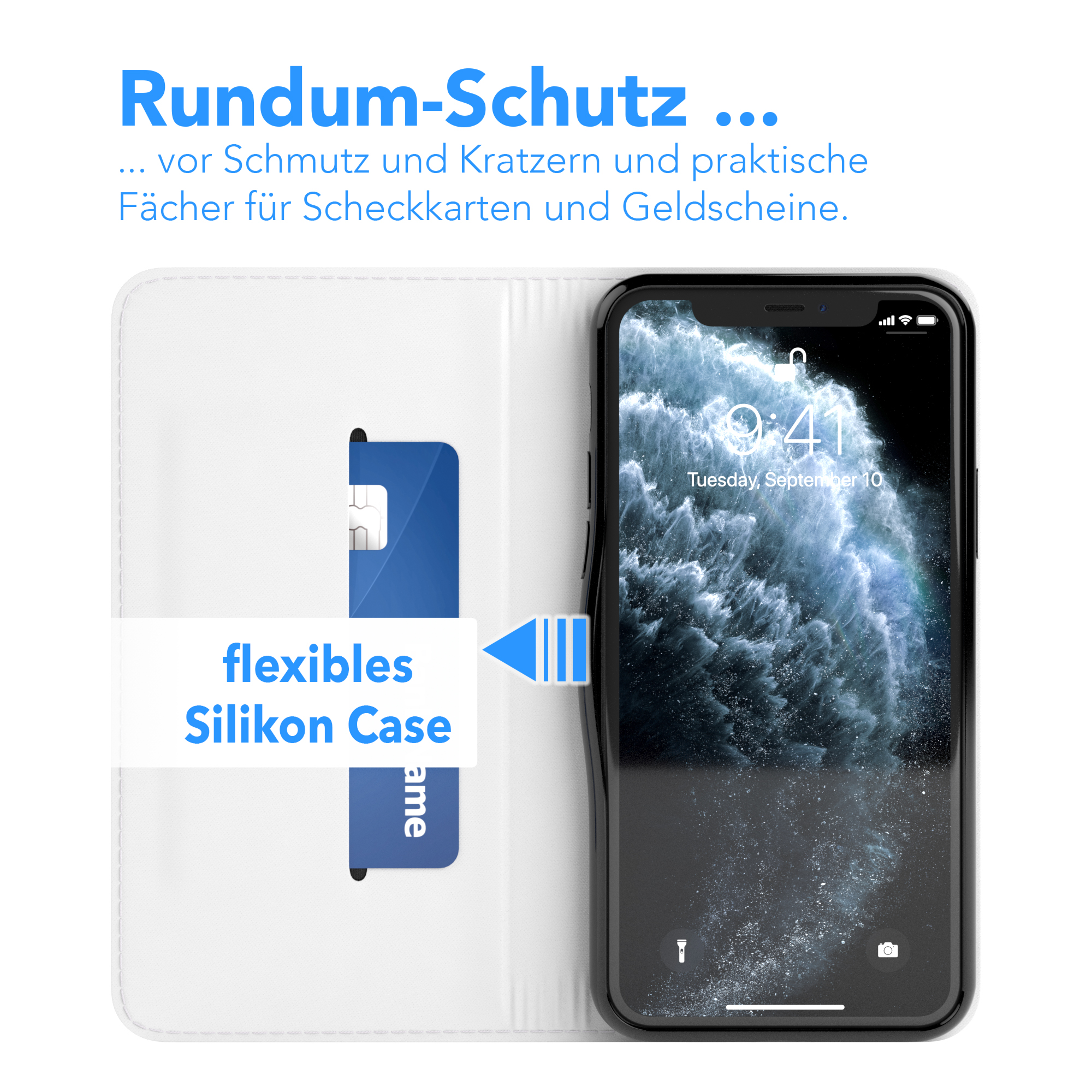 Ein Telefon mit einer Karte in einer Schutzhülle. Der Bildschirm zeigt ein Datum.