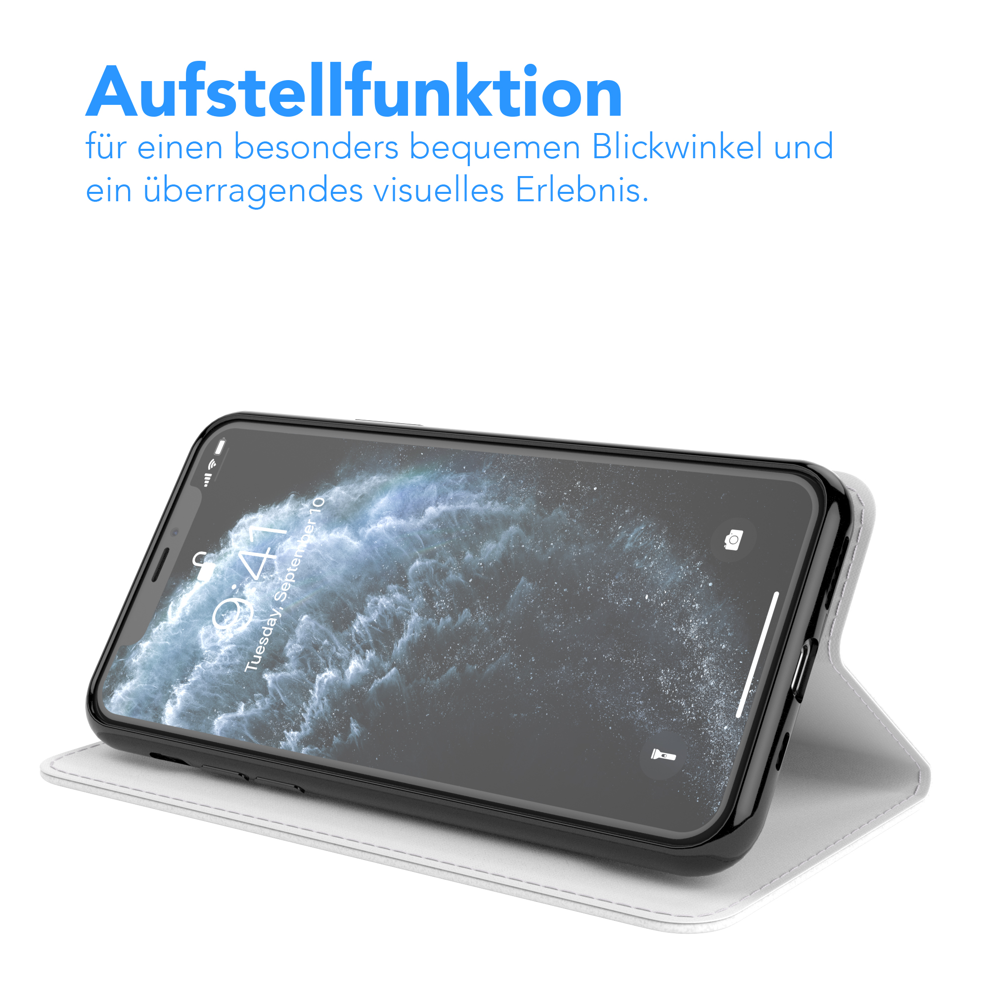 Ein Telefon in einem weißen Gehäuse auf weißem Hintergrund.