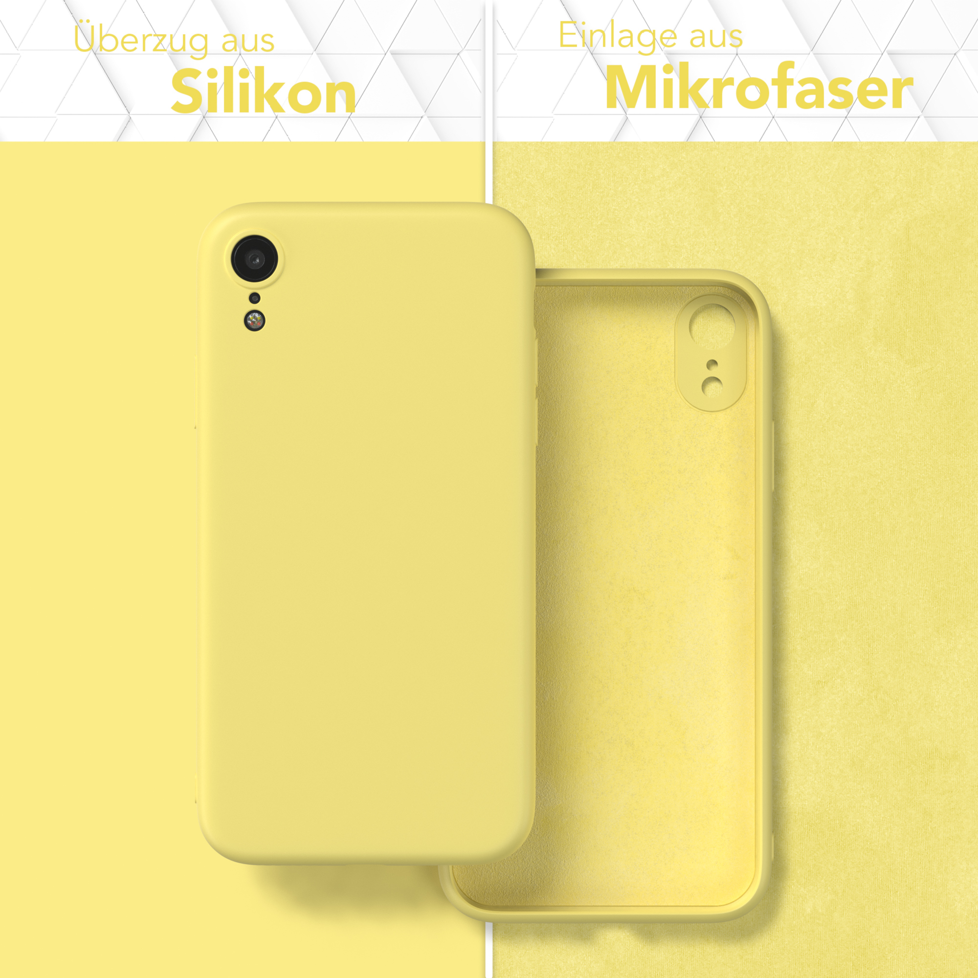 Gelbes Telefon mit gelber Hülle und eine offene Hülle mit gelbem Innenraum.