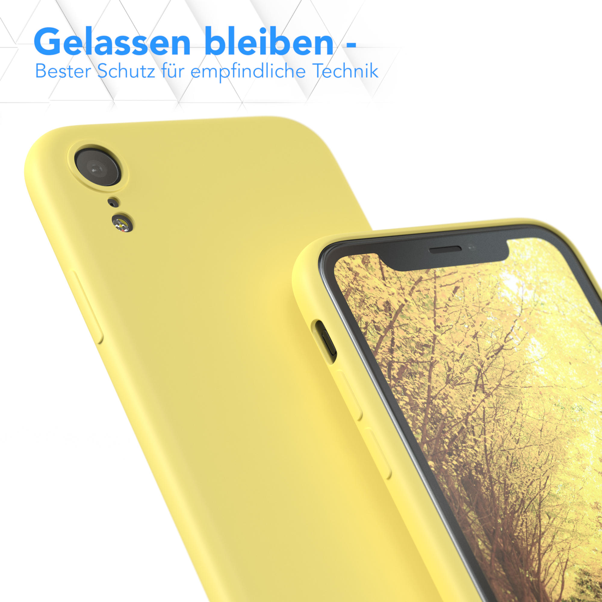 Eine gelbe Handyhülle mit einem Telefon darin, auf weißem Hintergrund. Text besagt, dass die Hülle empfindliche Technik schützt.