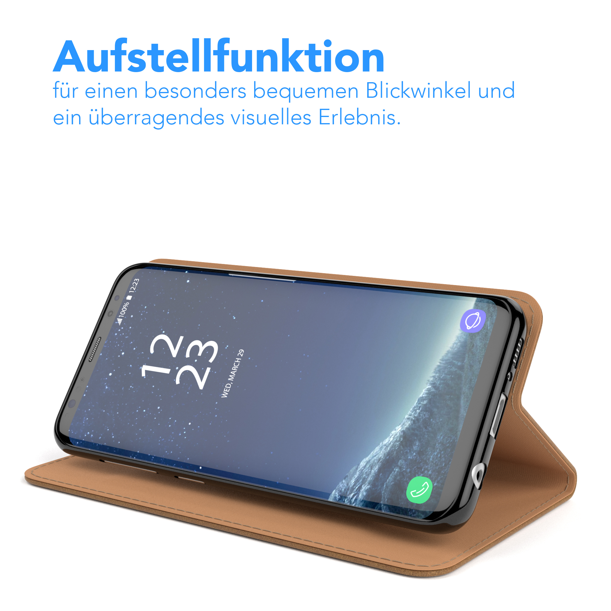 Eine braune Handyhülle mit Telefon, geöffnet und abgewinkelt zur Ansicht.