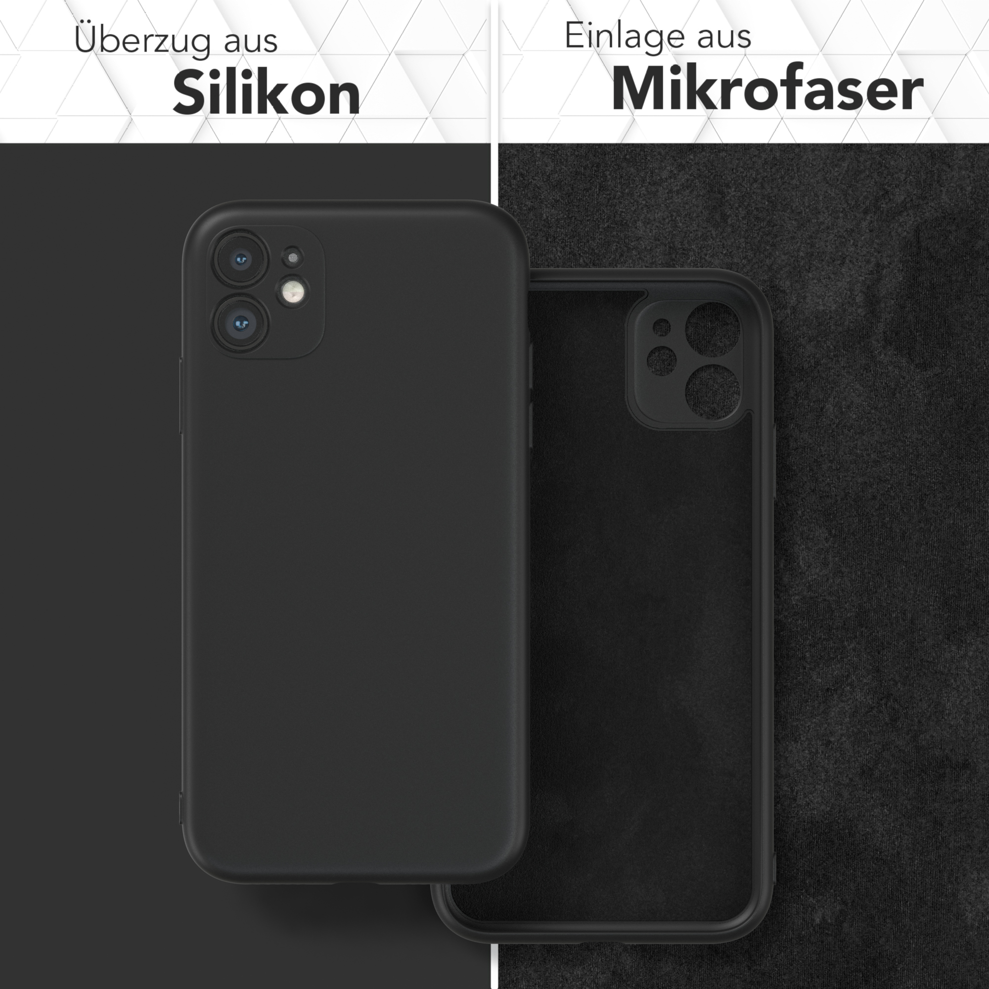 Schwarze Handyhülle mit Silikonhülle, Mikrofaser-Innenraum. Die Hülle ist links, der Innenraum rechts.