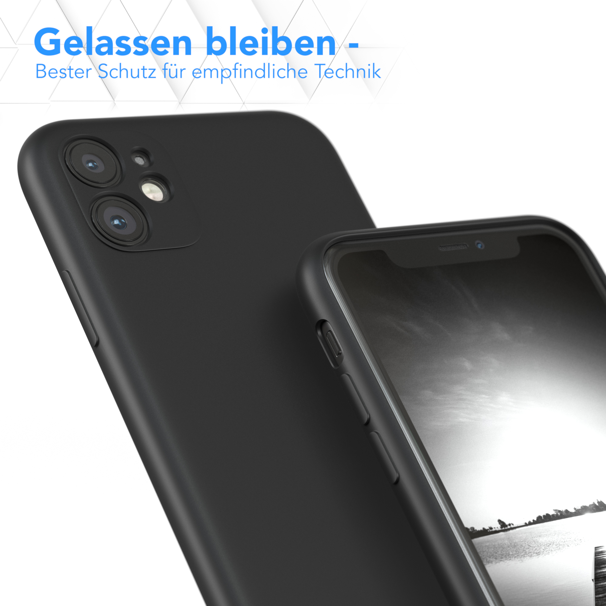 Eine schwarze Handyhülle neben einem Telefon. Der Bildschirm zeigt ein Schwarzweißbild einer Landschaft.