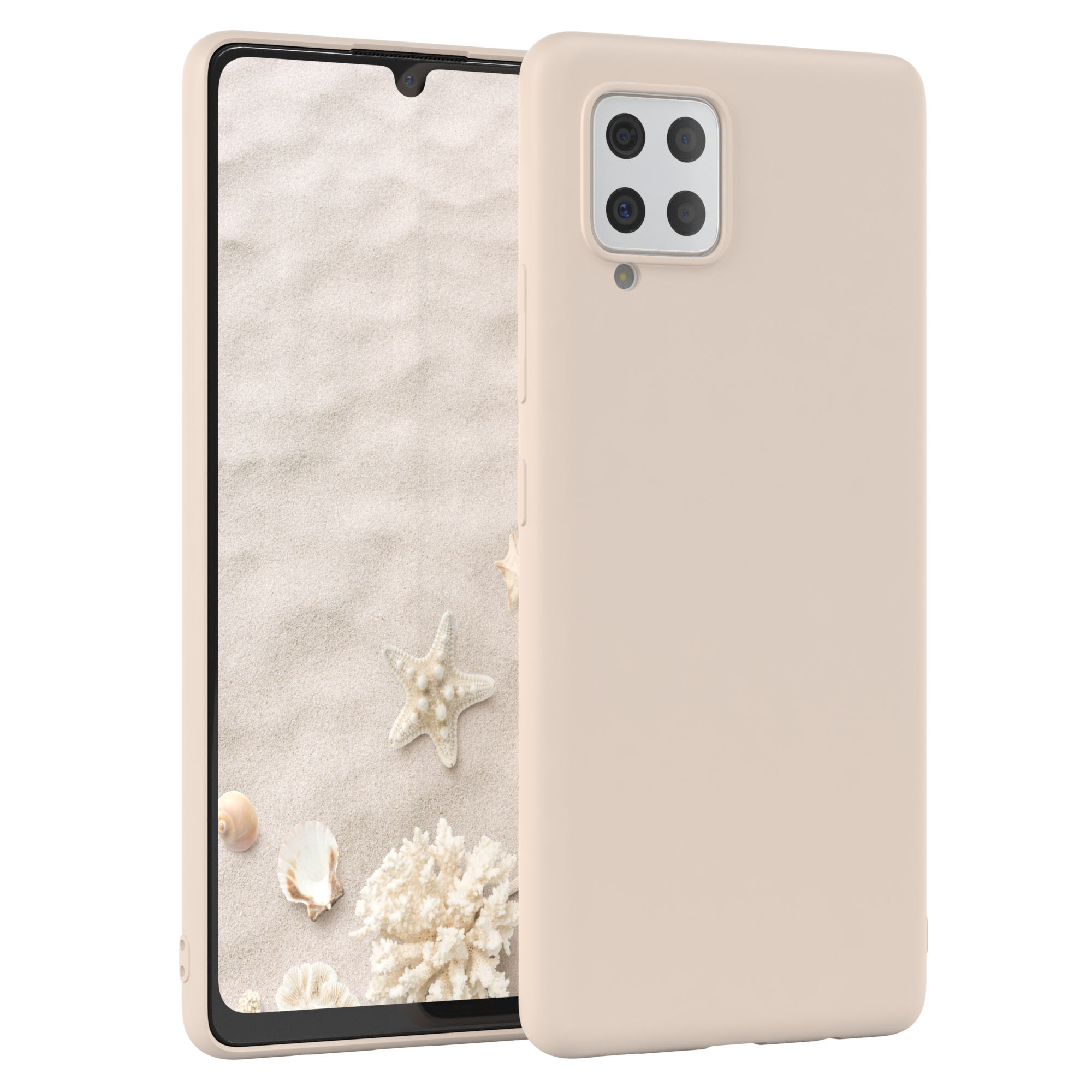 Beigefarbene Handyhülle, Telefon links, Hintergrund mit Muscheln. Weißer Hintergrund.