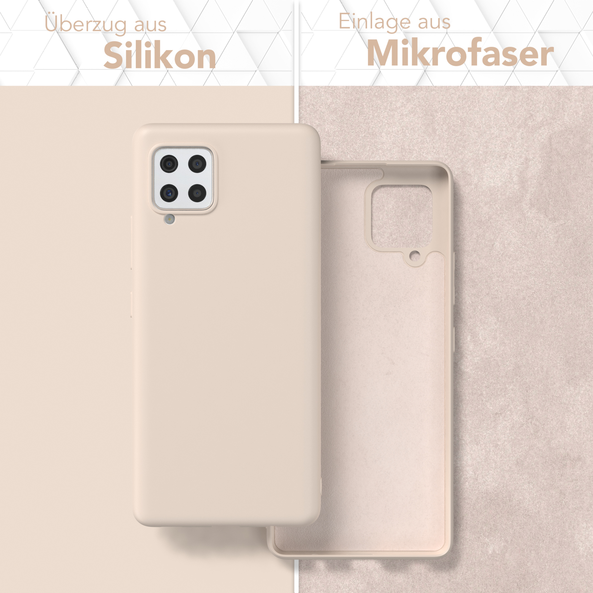 Handyhüllen, eine mit Handy. Silikon- und Mikrofaser-Details werden gezeigt.
